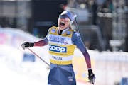 Afton native Jessie Diggins celebrates after winning the 20-kilometer mass start freestyle in Falun, Sweden, on Sunday, becoming the first American to