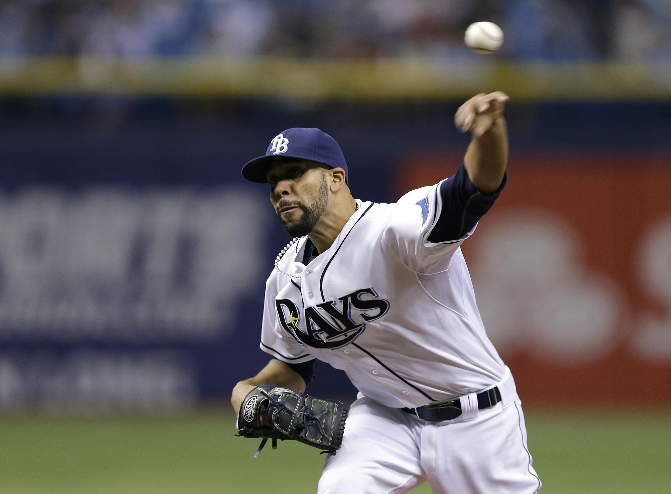 Tampa Bay Rays starting pitcher David Price delivers to the Minnesota Twins during first inning of a baseball game Tuesday, April 22, 2014, in St. Petersburg, Fla. (AP Photo/Chris O'Meara)