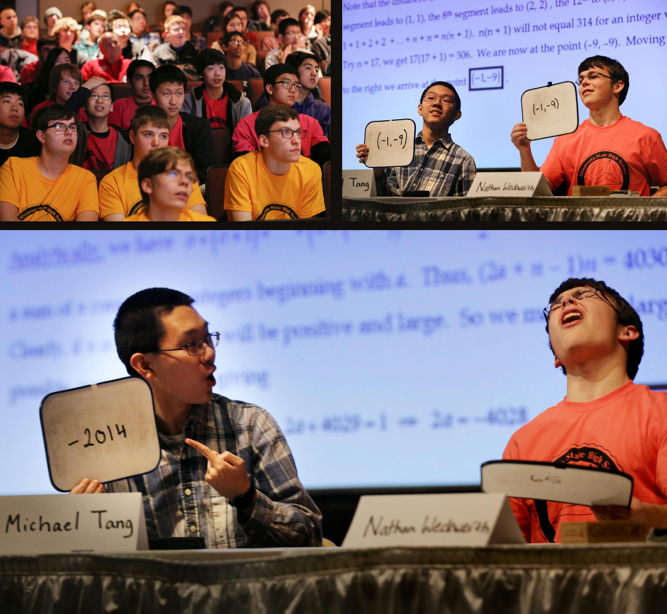In front of a full house at the South St. Paul high school auditorium, Edina's Michael Tang (left) and Dassel-Cokato's Nathan Weckwerth battle it out for 1st place in the individual State High School Math Bowl tournament Monday afternoon. Tang came out on top with the final problem, much to the disappointment of Weckwerth. ] Brian.Peterson@startribune.com South St. Paul, MN - 03/14/2016