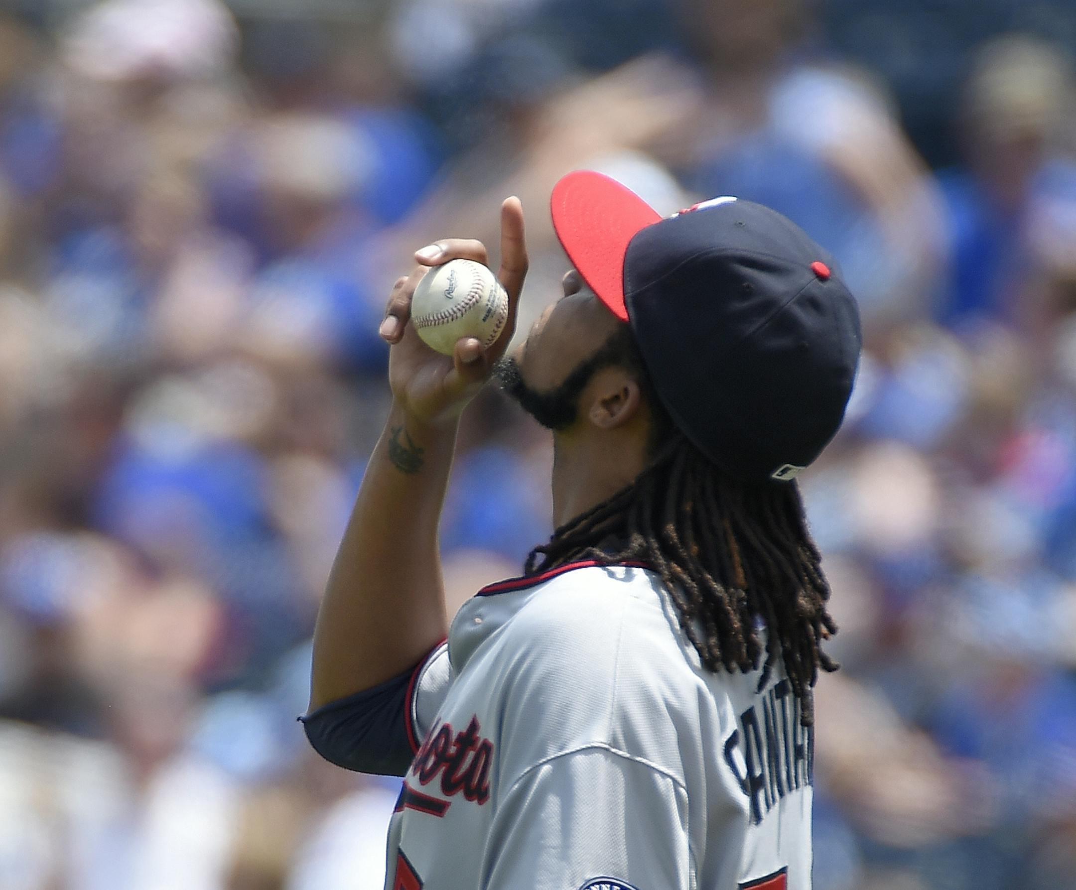 Minnesota Twins starting pitcher Ervin Santana (54) prepares to throw during the first inning on Sunday, July 5, 2015 at Kauffman Stadium in Kansas City, Mo. (John Sleezer/Kansas City Star/TNS)