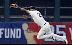 Eddie Rosario, diving for a catch vs. Atlanta last month, has shown he can handle center field for the Twins in Byron Buxton&#x2019;s absence.
