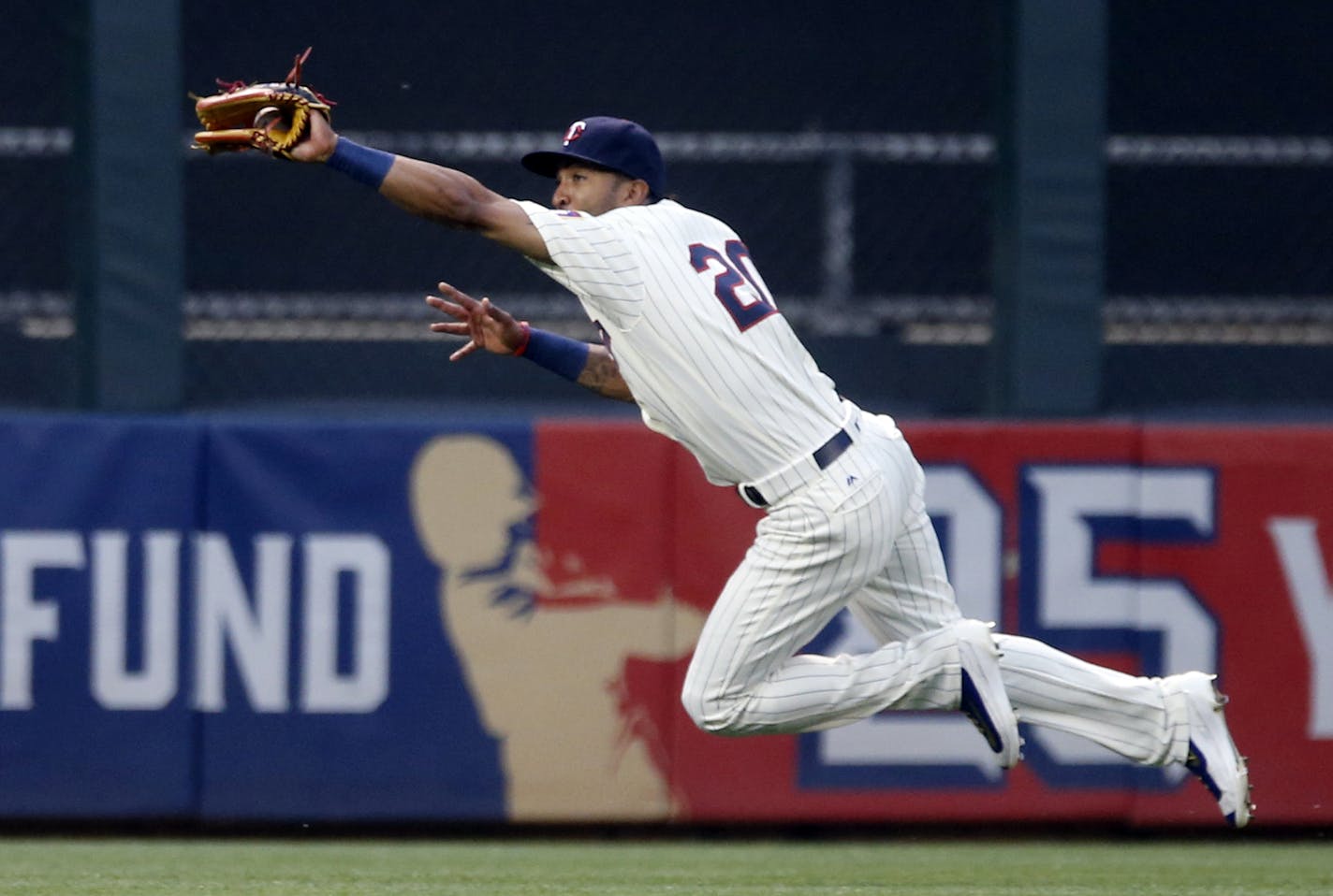 Eddie Rosario, diving for a catch vs. Atlanta last month, has shown he can handle center field for the Twins in Byron Buxton&#x2019;s absence.