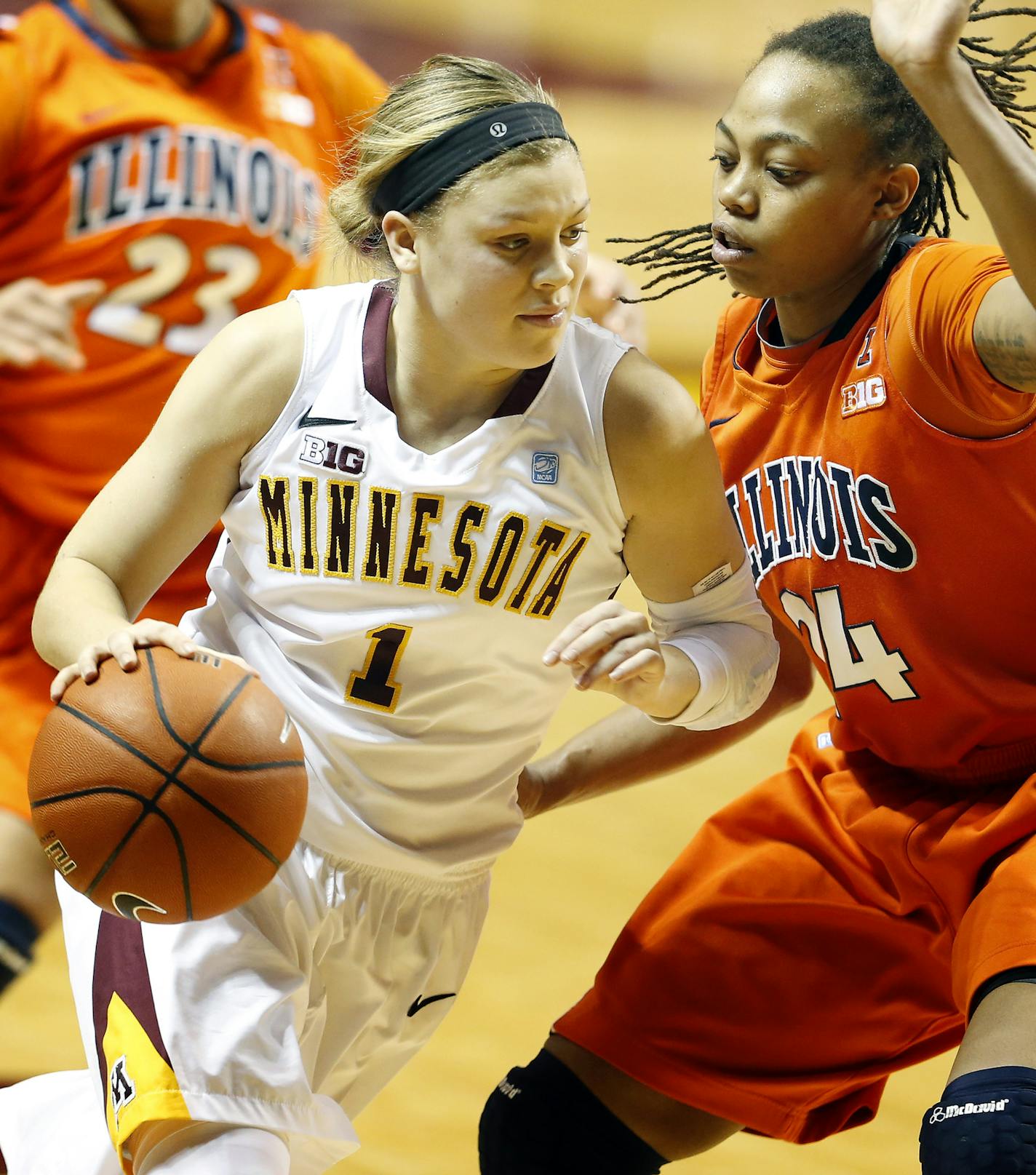 Gophers guard Rachel Banham (1) was defended by Adrienne GodBold (24) in the second half. Banham finished the game with 37 points.] CARLOS GONZALEZ cgonzalez@startribune.com - January 28, 2013, Minneapolis, Minn., Williams Arena, University of Minnesota, NCAA Women&#x2019;s Basketball, Minnesota Gophers vs. Illinois Fighting Illini