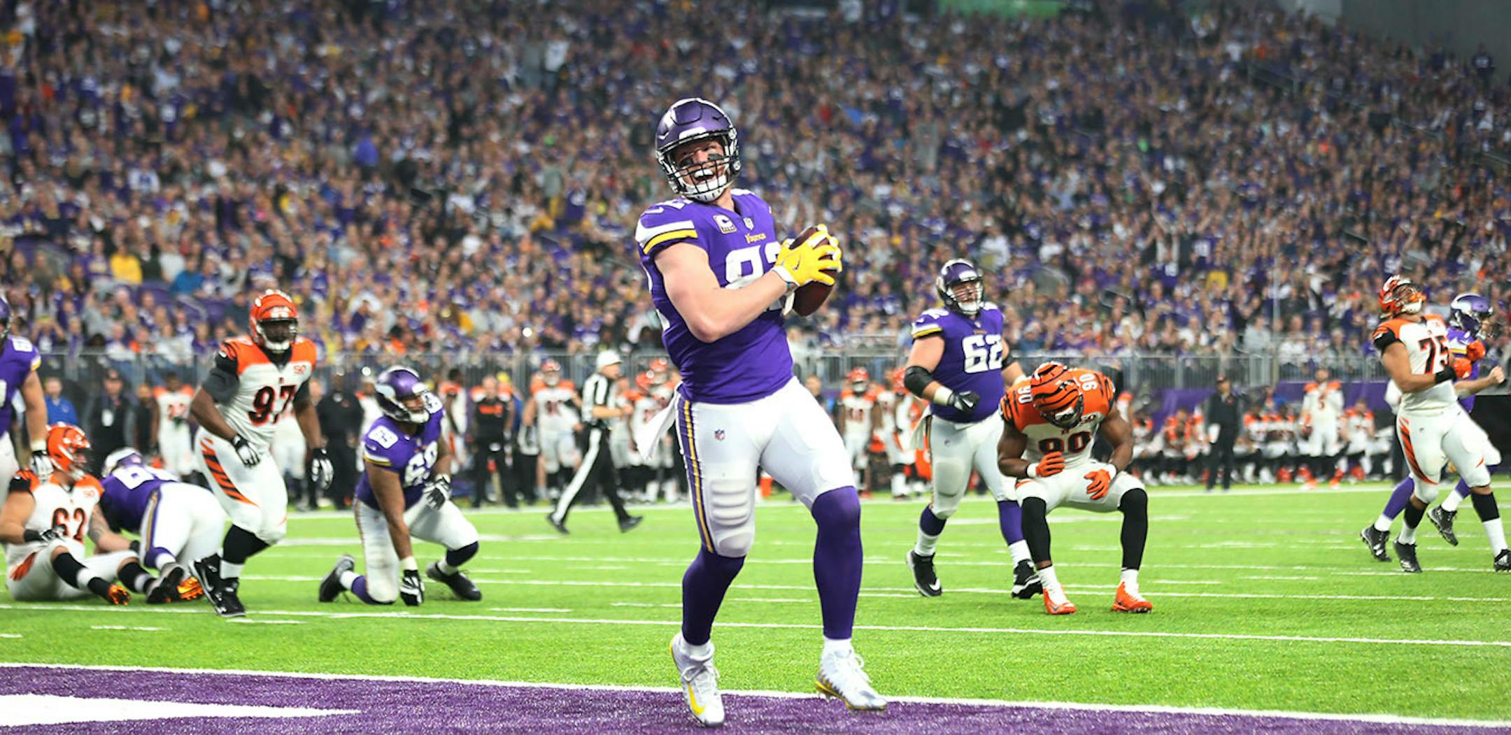 Vikings tight end Kyle Rudolph caught a 1-yard touchdown pass in the fourth quarter at U.S.Bank Stadium on Sunday