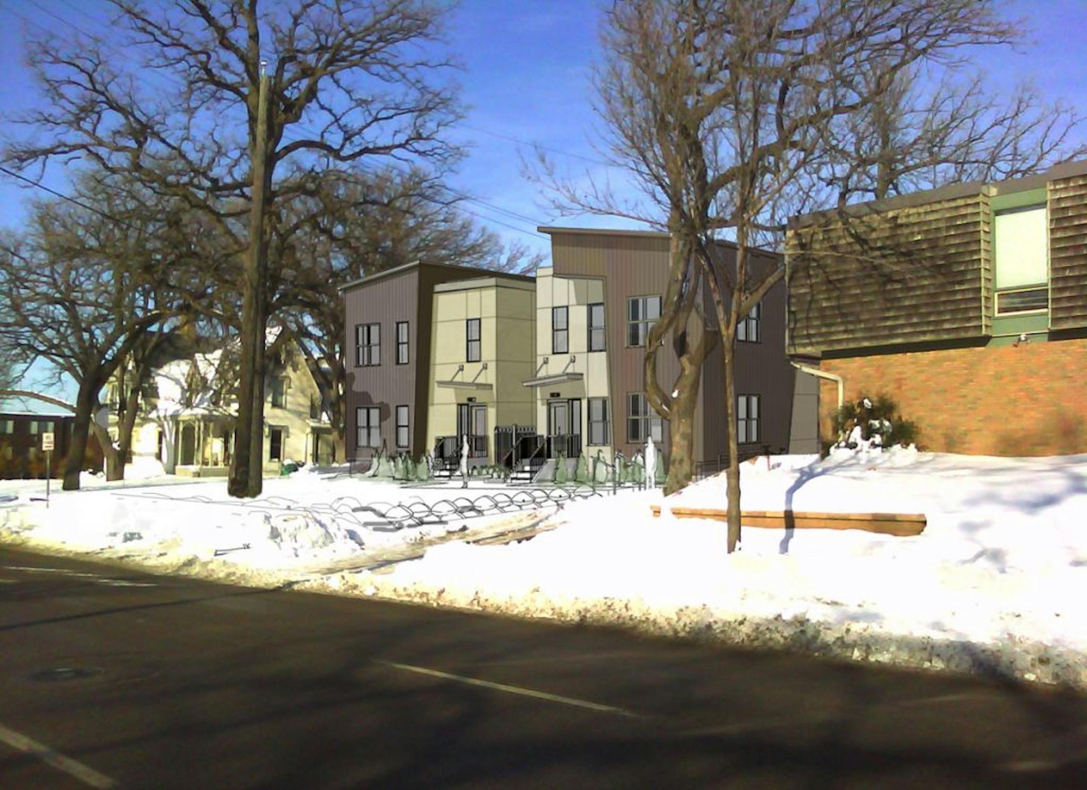 Lupe Development Partners plans to raze a 1950s building at 1011 4th St. SE., west of Dinkytown, to build the 12-unit townhouse-style apartment complex pictured above called the Cluster at 4th.