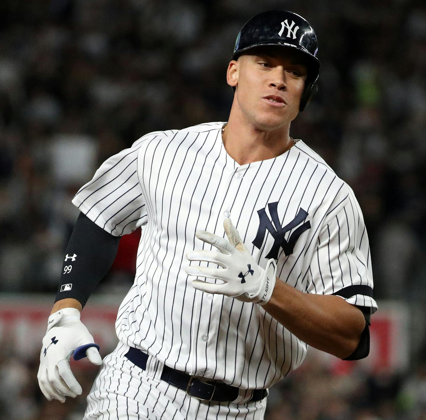 New York Yankees right fielder Aaron Judge (99) rounded the bases after hitting a two-run home run in the fourth inning. ] ANTHONY SOUFFLE &#xef; anthony.souffle@startribune.com Game action from an American League Wild Card playoff game between the Minnesota Twins and the New York Yankees Tuesday, Oct. 3, 2017 at Yankee Stadium in New York.