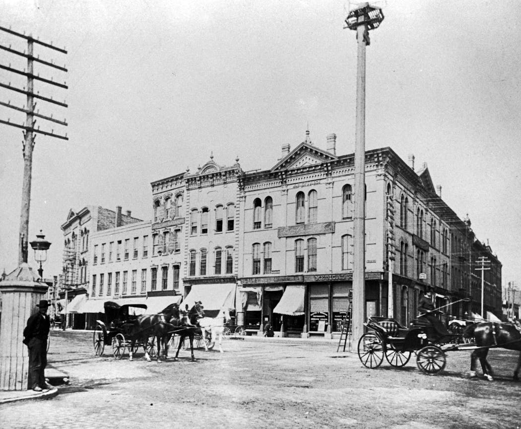 The northwest corner of 3rd and Wabasha streets in downtown St. Paul, photographed in 1887.