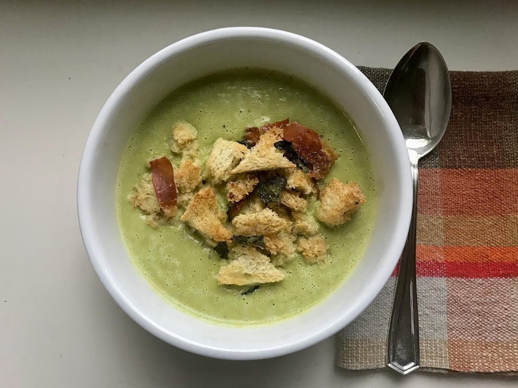 Asparagus and pancetta-mint soup from “Jamie’s Kitchen” by Jamie Oliver.