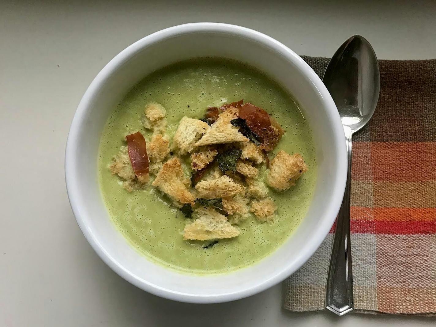 Asparagus and pancetta-mint soup from "Jamie's Kitchen" by Jamie Oliver.