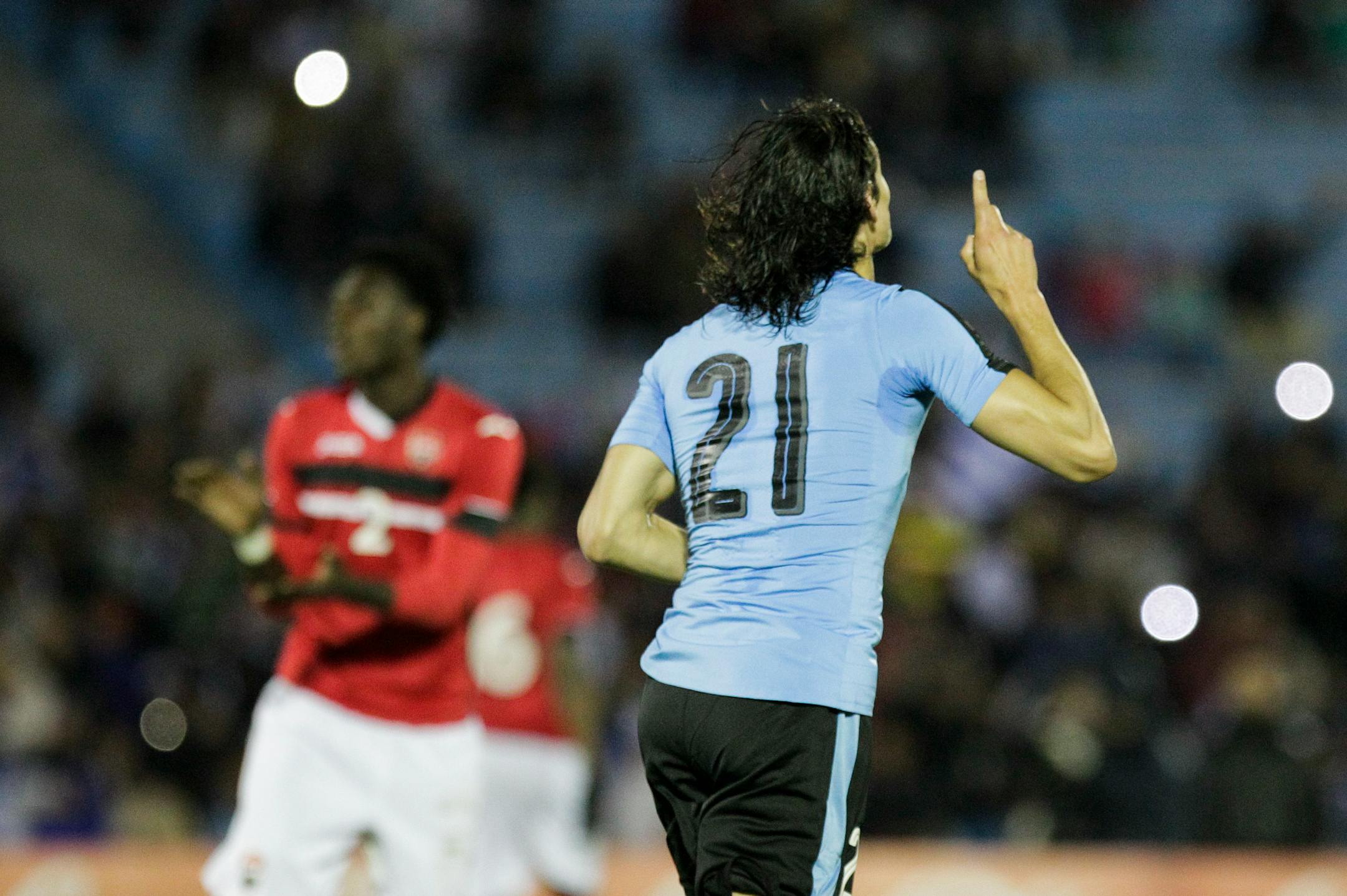 Uruguay's Edinson Cavani celebrates his goal against Trinidad and Tobago during a friendly soccer match ahead of the Copa America Centenario soccer tournament in Montevideo, Uruguay, Friday, May 27, 2016. (AP Photo/Matilde Campodonico)