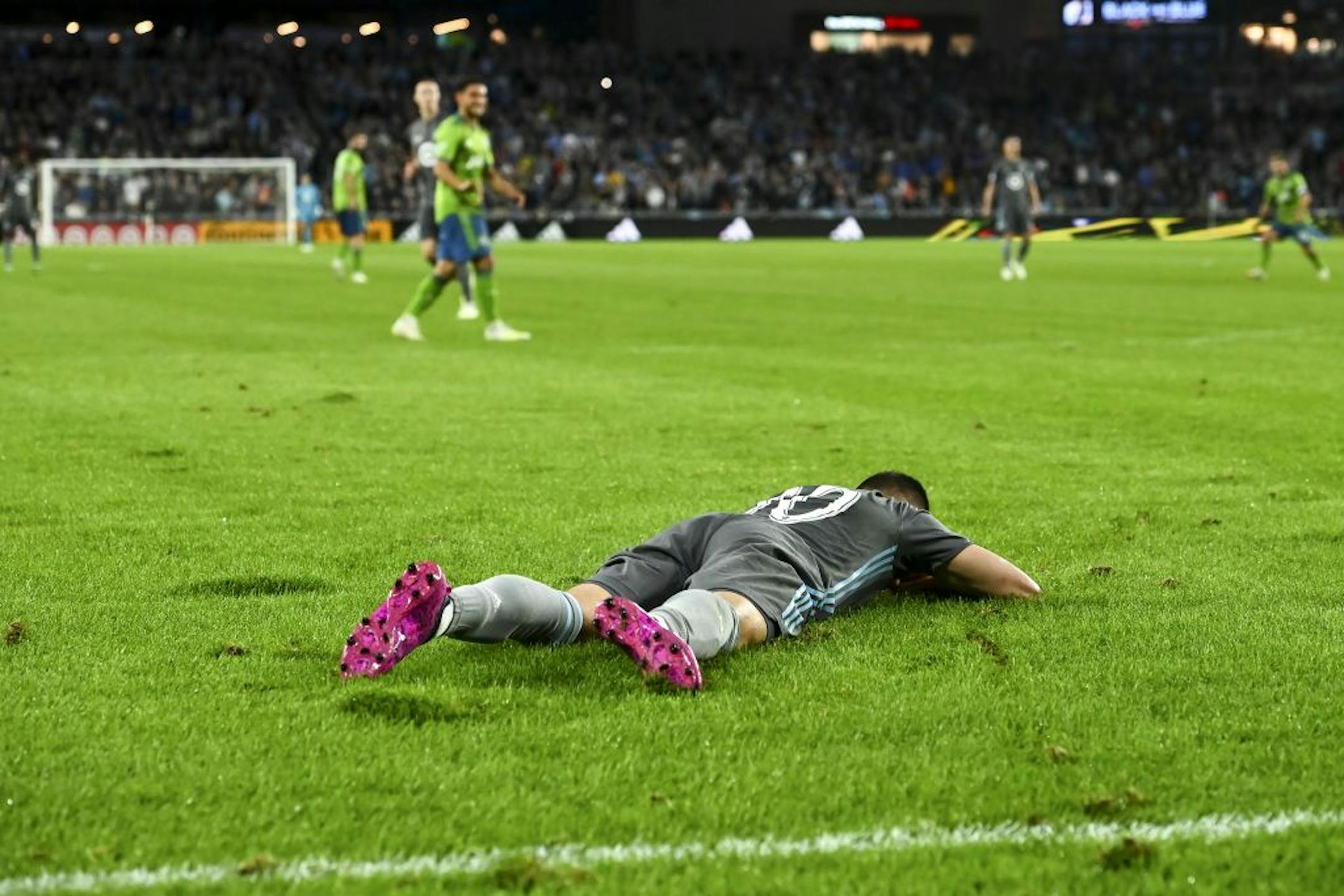 Minnesota United midfielder Miguel Ibarra (10) took his time picking himself up off the turf after failing to convert for a goal against the Seattle Sounders late in the second half.