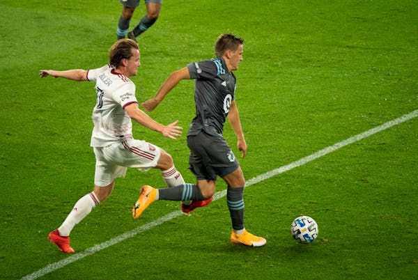 Attacker Robin Lod (right, shown in a match earlier this month against Real Salt Lake) scored Minnesota United's only goal against the Columbus Crew o