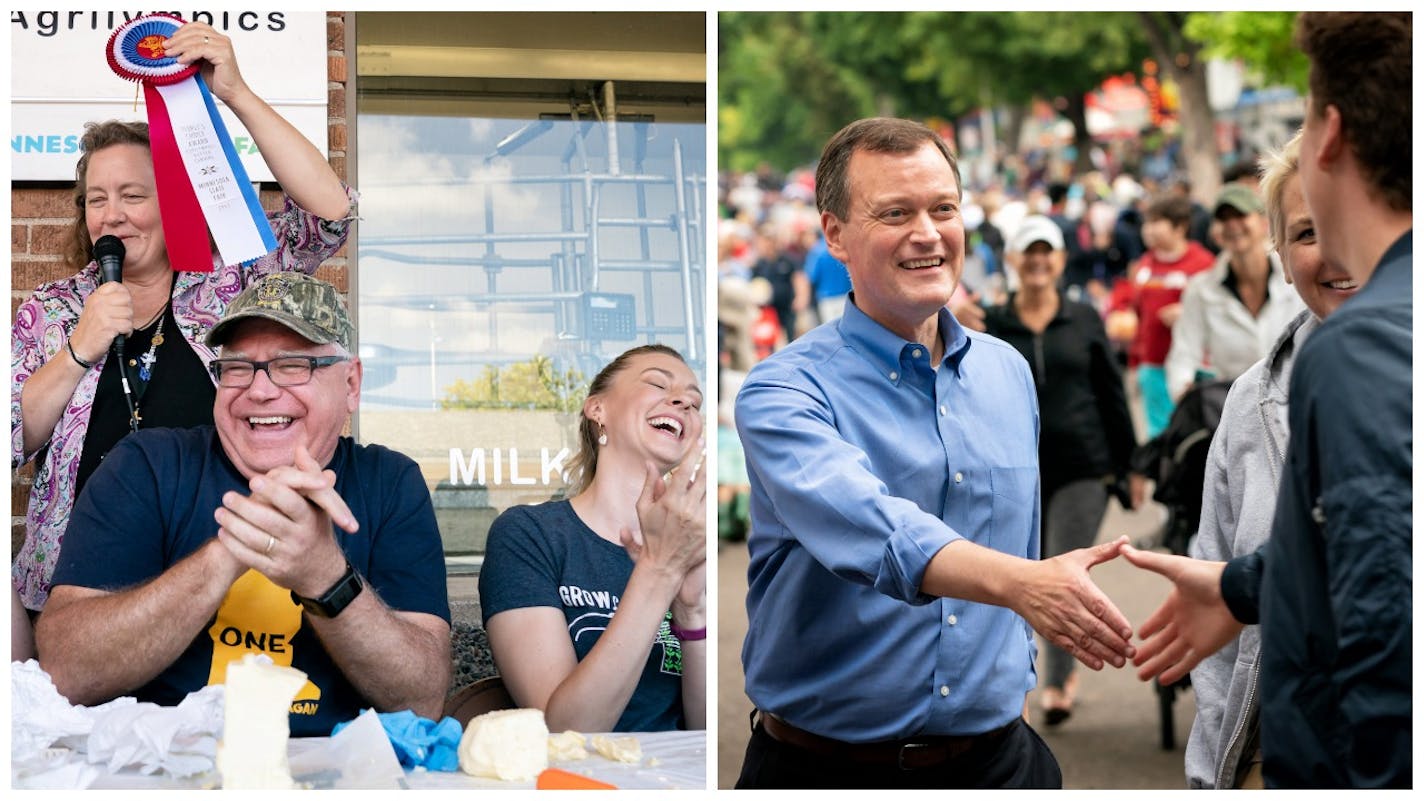 Being up for anything at the Minnesota State Fair is pretty much job No. 1 in running for governor. Tim Walz, left, and Jeff Johnson are game.