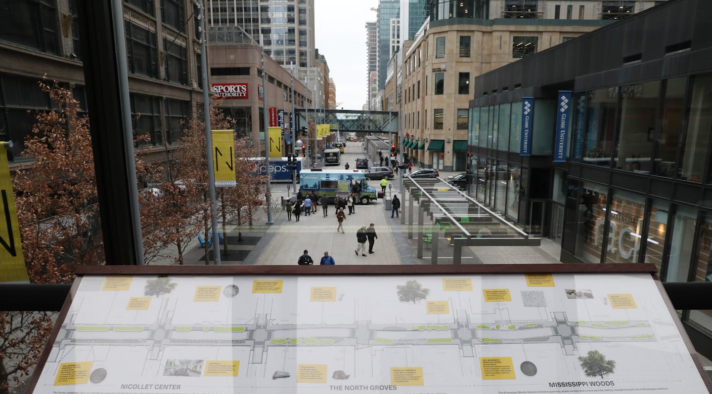 Signage in the skyway explained the renovations to Nicollet Mall as event organizers prepared for dedication ceremony to mark its opening Thursday. ] ANTHONY SOUFFLE &#xef; anthony.souffle@startribune.com Mayor Betsy Hodges, Steve Cramer and others spoke during a ceremony to mark the reopening of Nicollet Mall Thursday, Nov. 16, 2017 in downtown Minneapolis.