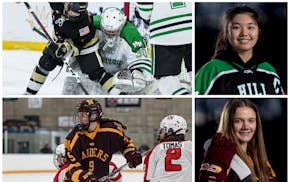 Grace Zhan of Hill-Murray (top row) was selected Jori Jones Senior Goalie of the Year, and Ayla Puppe of Northfield was designated Ms. Hockey.