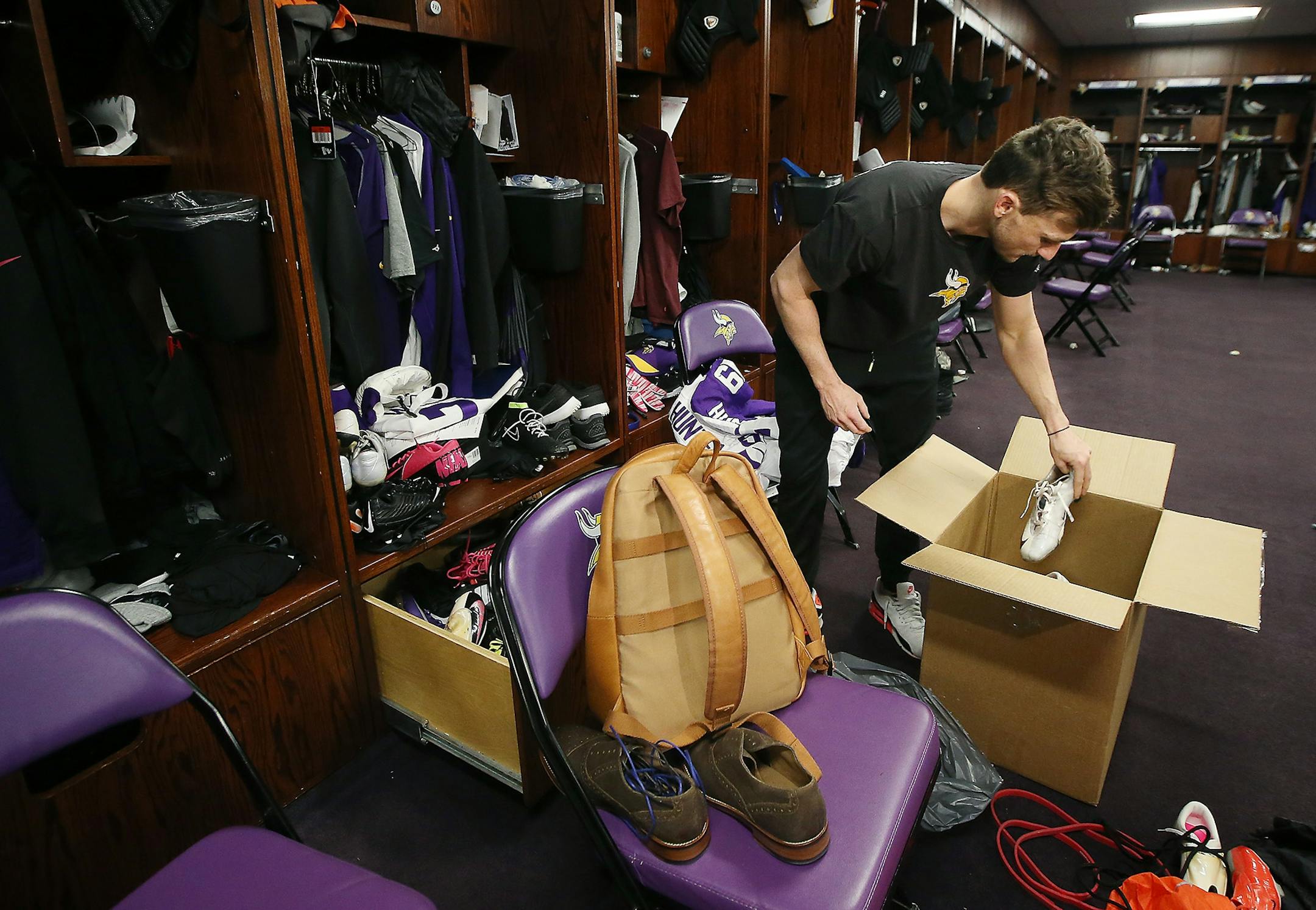Minnesota Vikings Blair Walsh cleaned out part of his locker for the season at Winter Park, Monday, January 11, 2016 in Eden Prairie, MN.