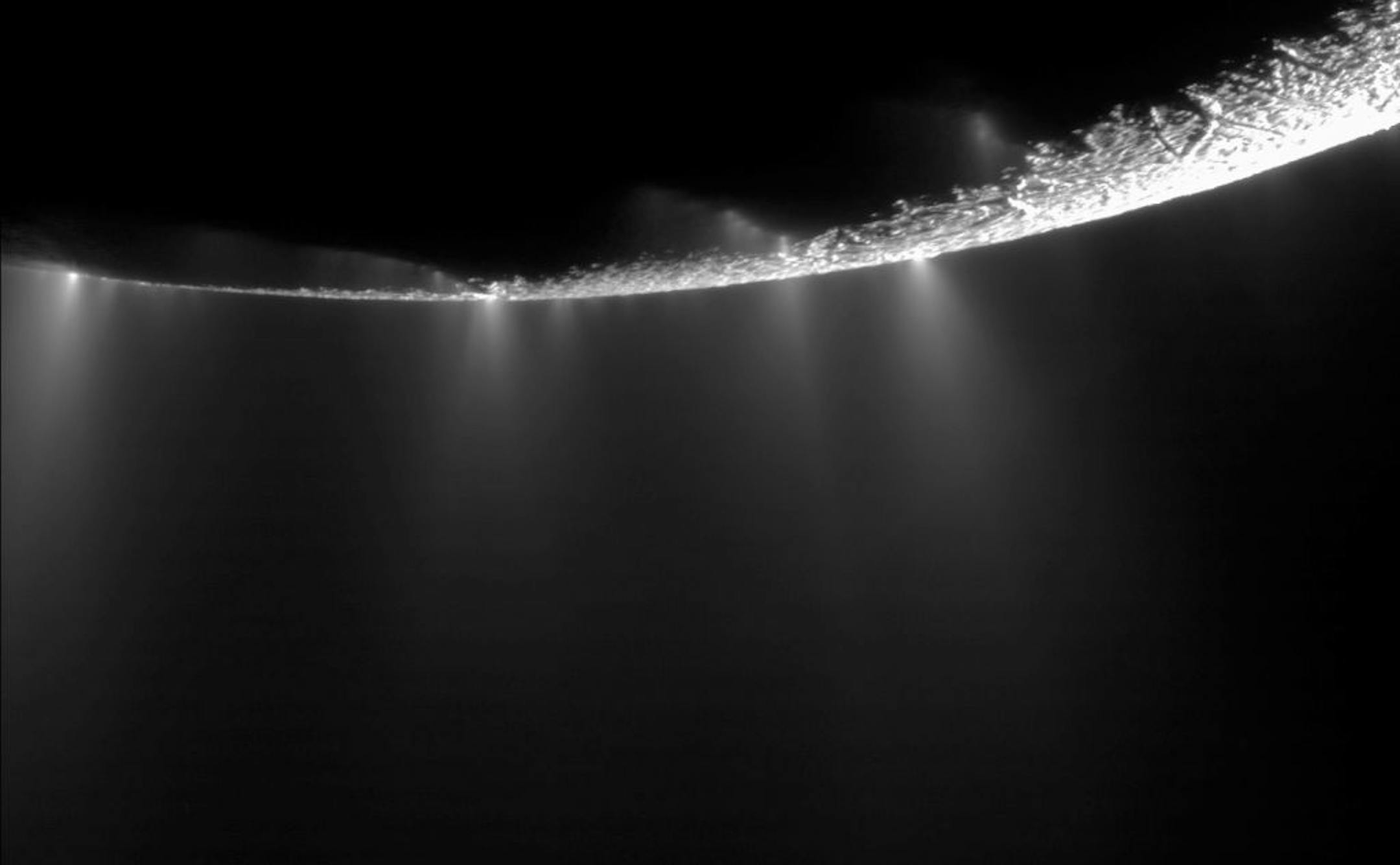 This photo provided by NASA shows water vapor jets, emitted from the southern polar region of Saturn's moon Enceladus.