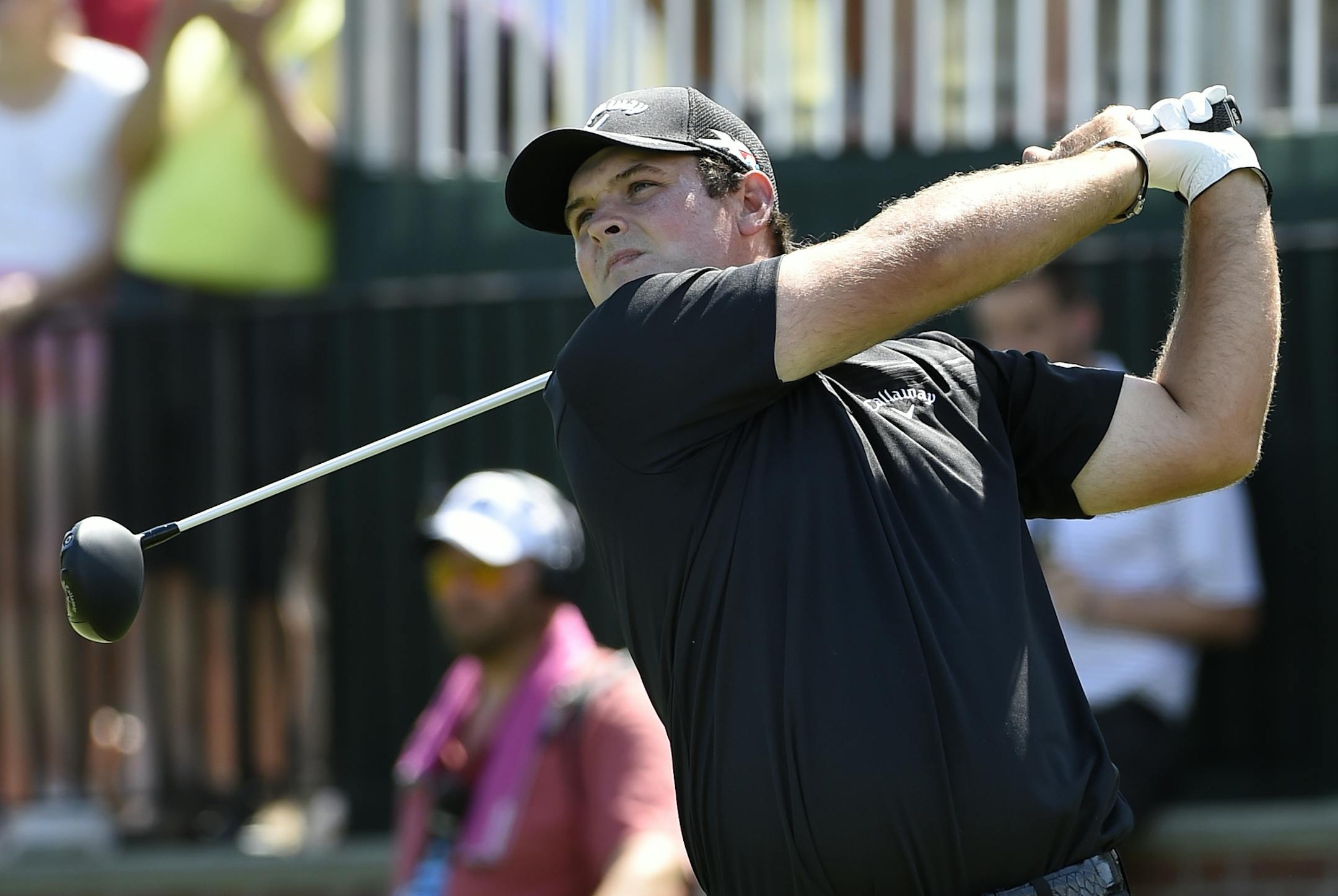 Patrick Reed tees off from the first hole during the third round of the Barclays golf tournament in Farmingdale, N.Y., Saturday, Aug. 27, 2016. (AP Photo/Kathy Kmonicek)
