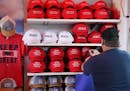 MAGA presidential hats and T-shirts for sale at the Republican Party booth Thursday at the Minnesota State Fair.