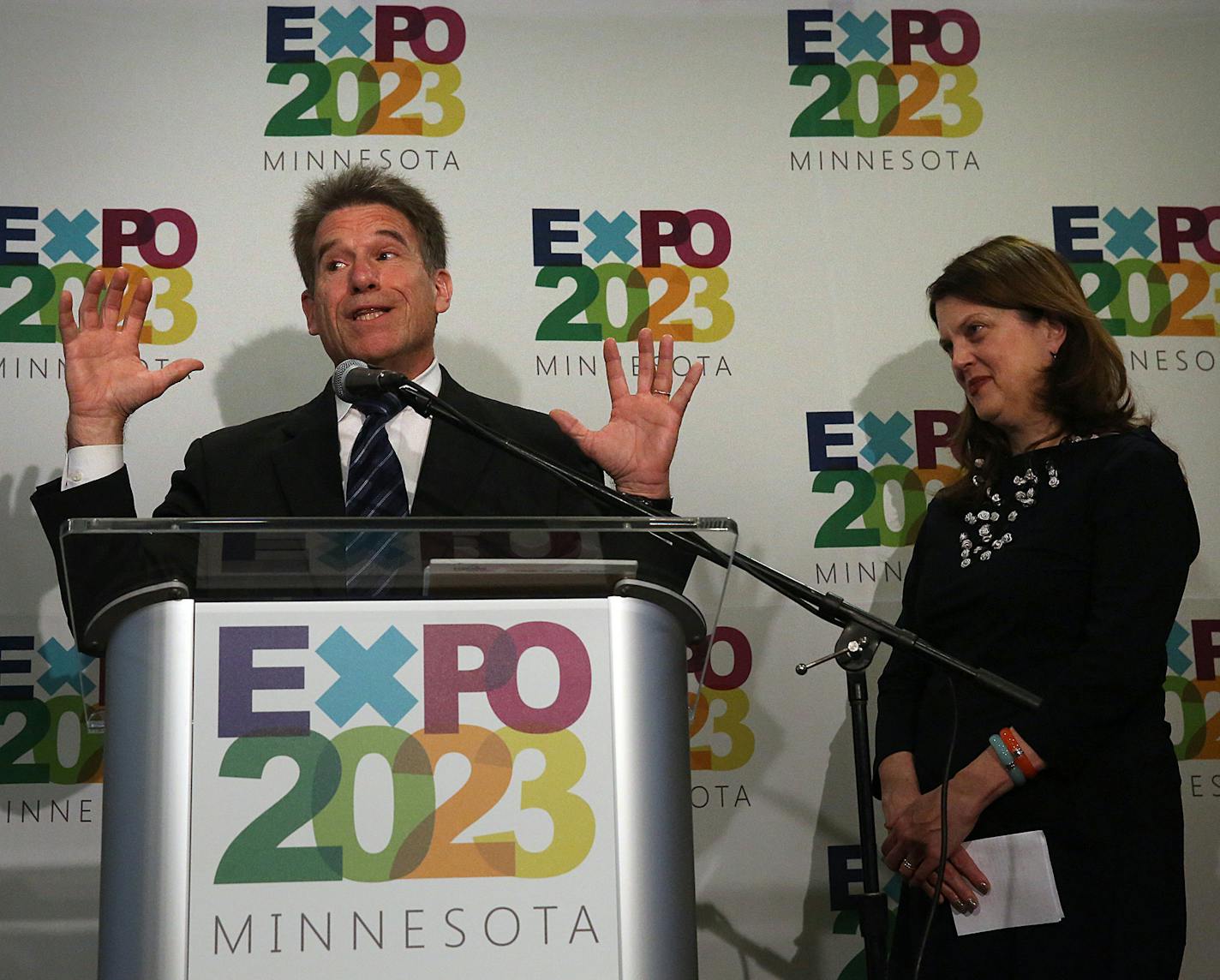 Mark Ritchie, bid director, and others on the Minnesota World&#xed;s Fair Bid Committee announced Minnesota&#xed;s Bid for the 2023 World&#xed;s Fair. Committee co-chair, Lois Quam, is at right.]JIM GEHRZ &#xef; james.gehrz@startribune.com / St. Paul, MN / April 10, 2015 /10:00 AM - BACKGROUND INFORMATION: Minnesota World&#xed;s Fair Bid Committee announces Minnesota&#xed;s Bid for the 2023 World&#xed;s Fair. Marilyn Carlson Nelson, co-chair; Lois Quam, co-chair and Mark Ritchie, bid director.