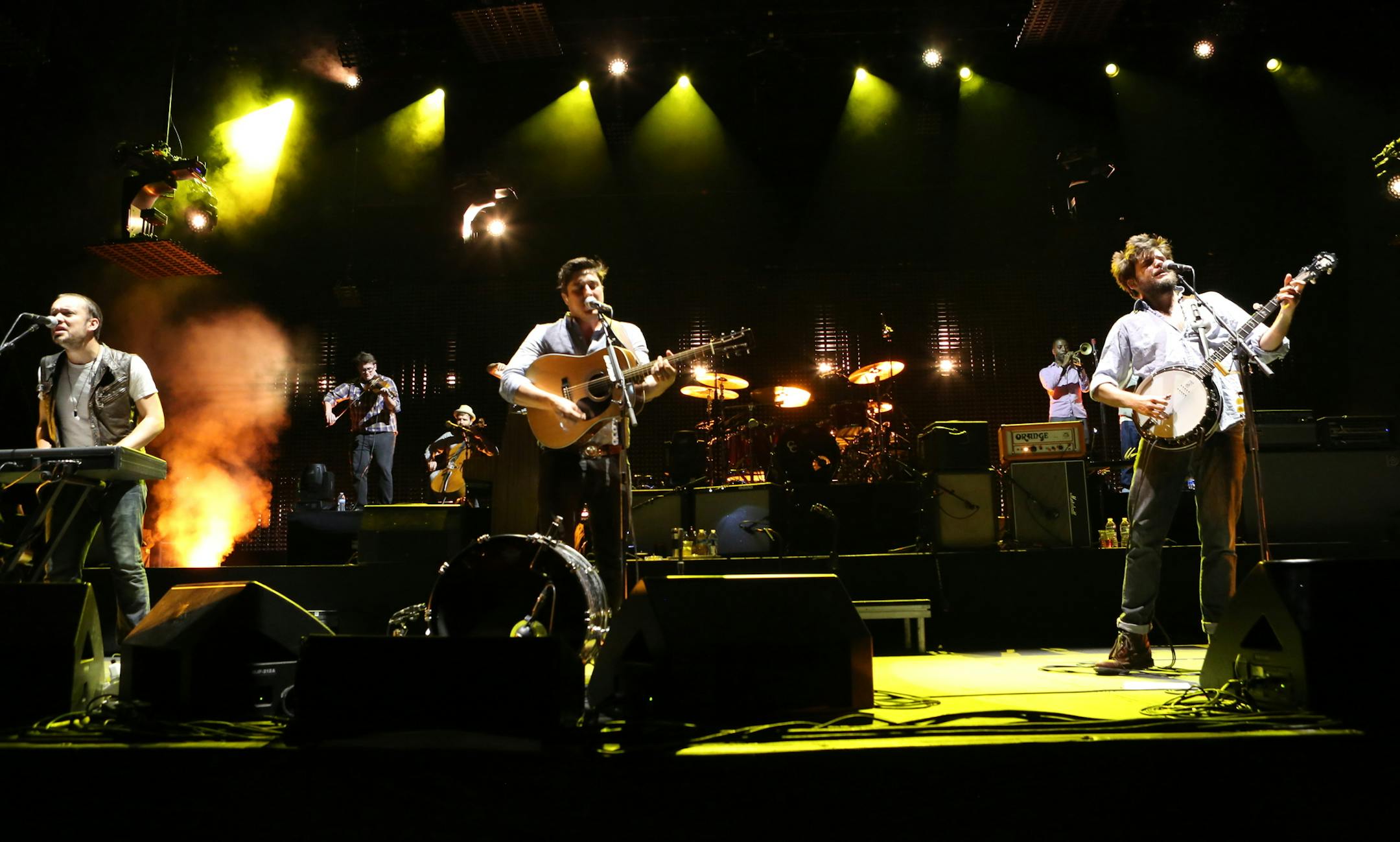 Marcus Mumford of Mumford & Sons performing at Centennial Olympic Park on Tuesday, September 10, 2013, in Atlanta. (Photo by Robb D. Cohen/Invision/AP) ORG XMIT: INVW