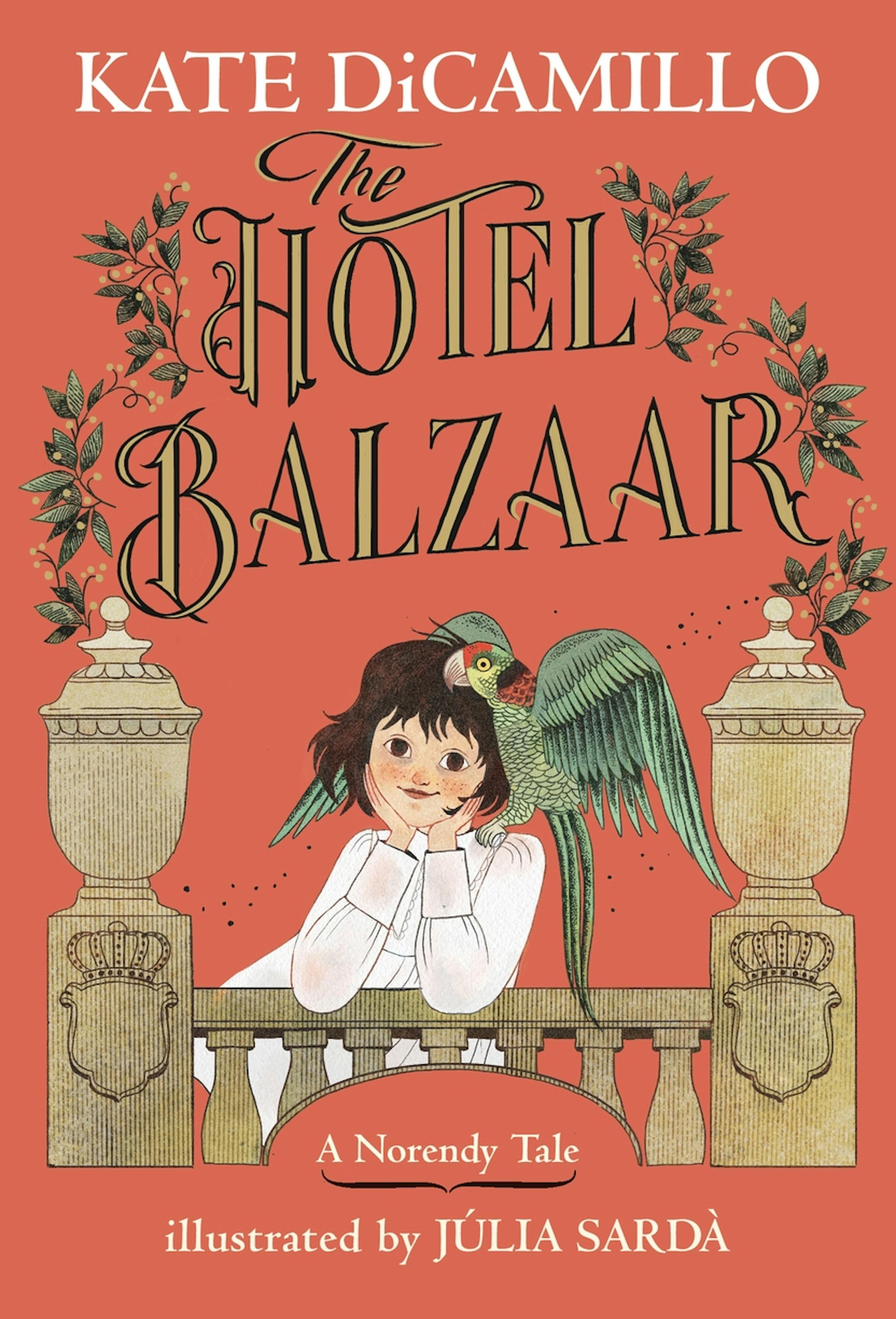 cover of book "The Hotel Balzaar," with a drawing of a girl with a parrot
