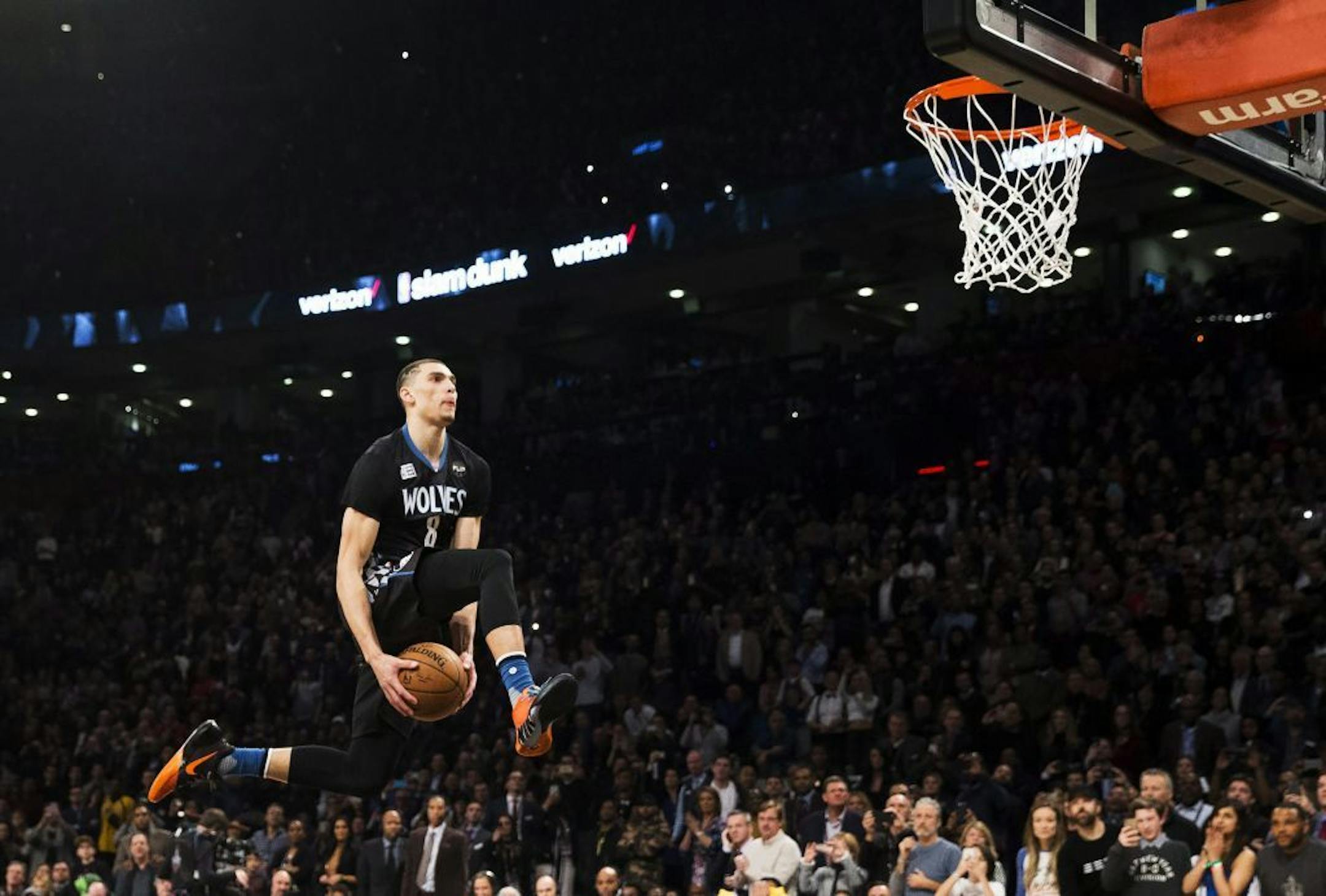 Minnesota Timberwolves' Zach LaVine slam dunks the ball during the NBA all-star skills competition in Toronto on Saturday, Feb. 13, 2016. (Mark Blinch/The Canadian Press via AP) MANDATORY CREDIT