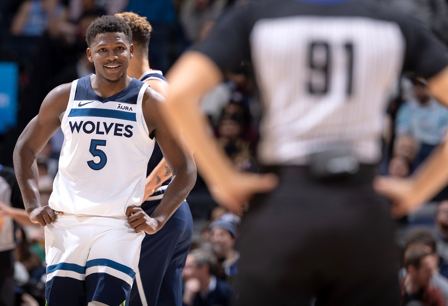 Anthony Edwards (5) of the Minnesota Timberwolves looks at a referee after being called for a technical foul in the second quarter Wednesday, November 1, 2023, at Target Center in Minneapolis, Minn. ] CARLOS GONZALEZ • carlos.gonzalez@startribune.com