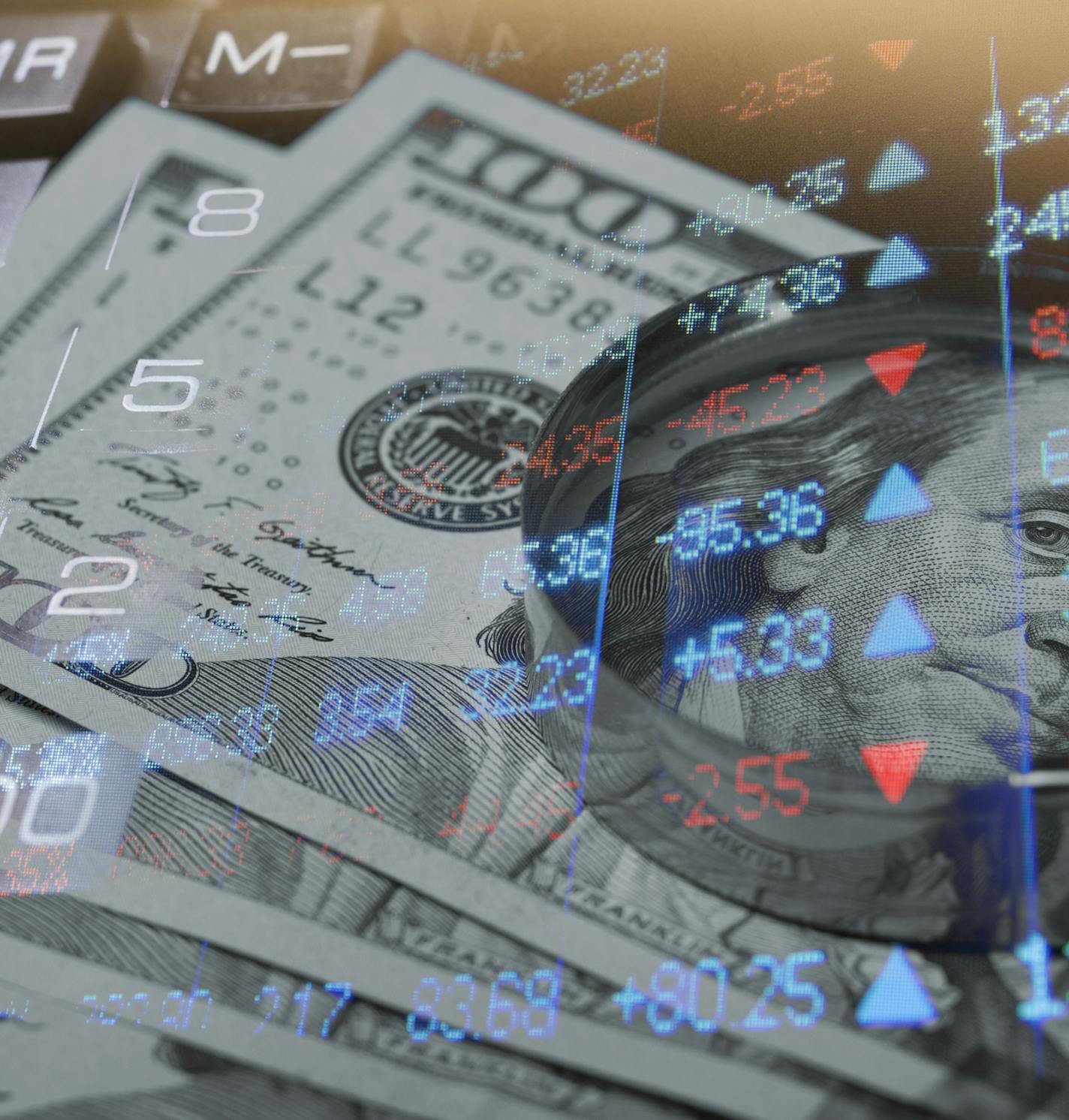 Finance and banking concept. Euro coins and us dollar banknote close-up. Abstract image of Financial system with selective focus, toned, double exposure.