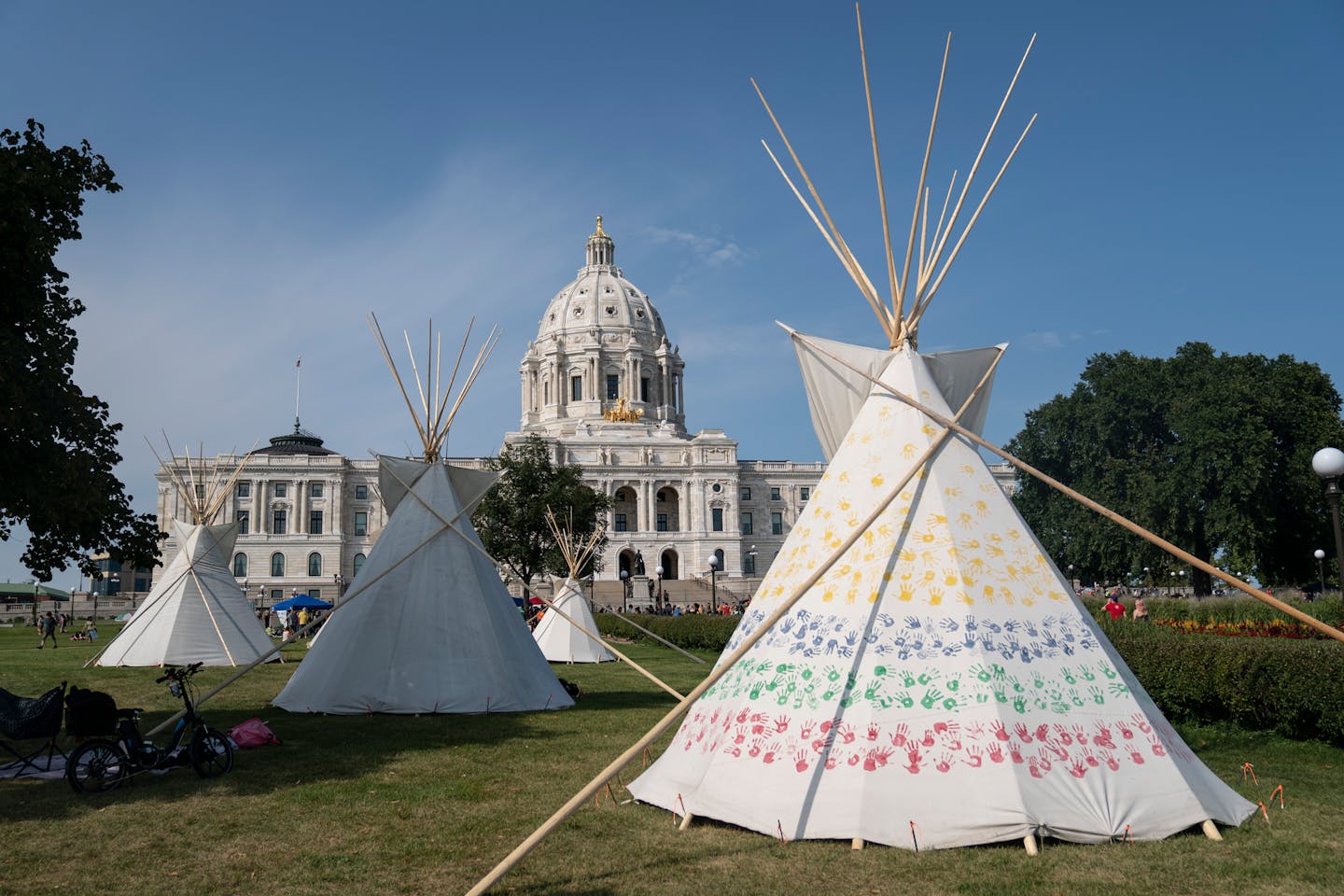 19 teepees were set up throughout grounds of the capitol for a water protector protest against Line 3 and other pipeline projects at the State Capitol in St. Paul, Minn., on Wednesday, August 25, 2021.