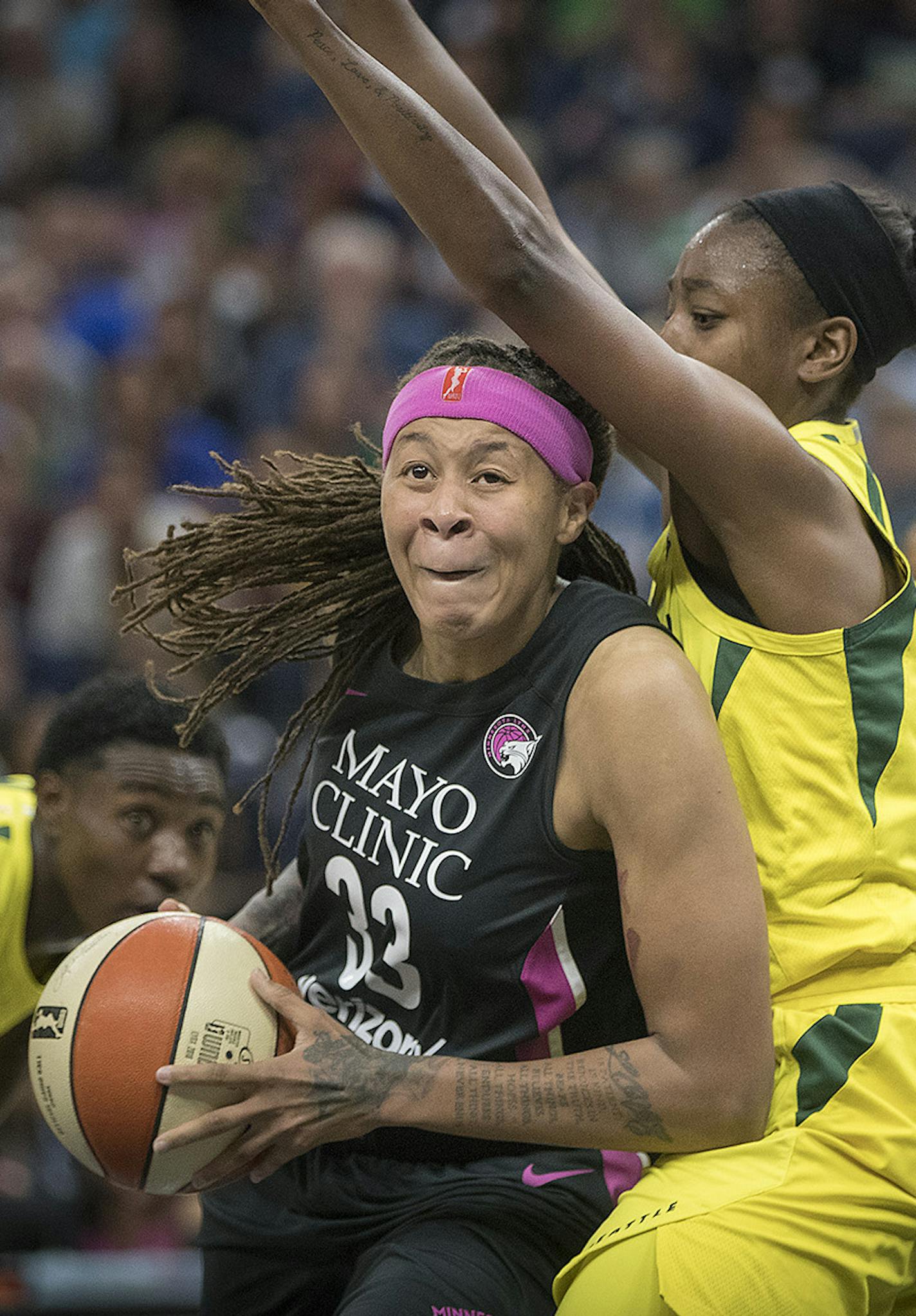 Minnesota Lynx guard Seimone Augustus drove by Seattle Storm's guard Jewell Loyd during the third period as the Minnesota Lynx took on the Seattle Storm, at Target Center, Sunday, August 12, 2018 in Minneapolis, MN. ] ELIZABETH FLORES &#xef; liz.flores@startribune.com