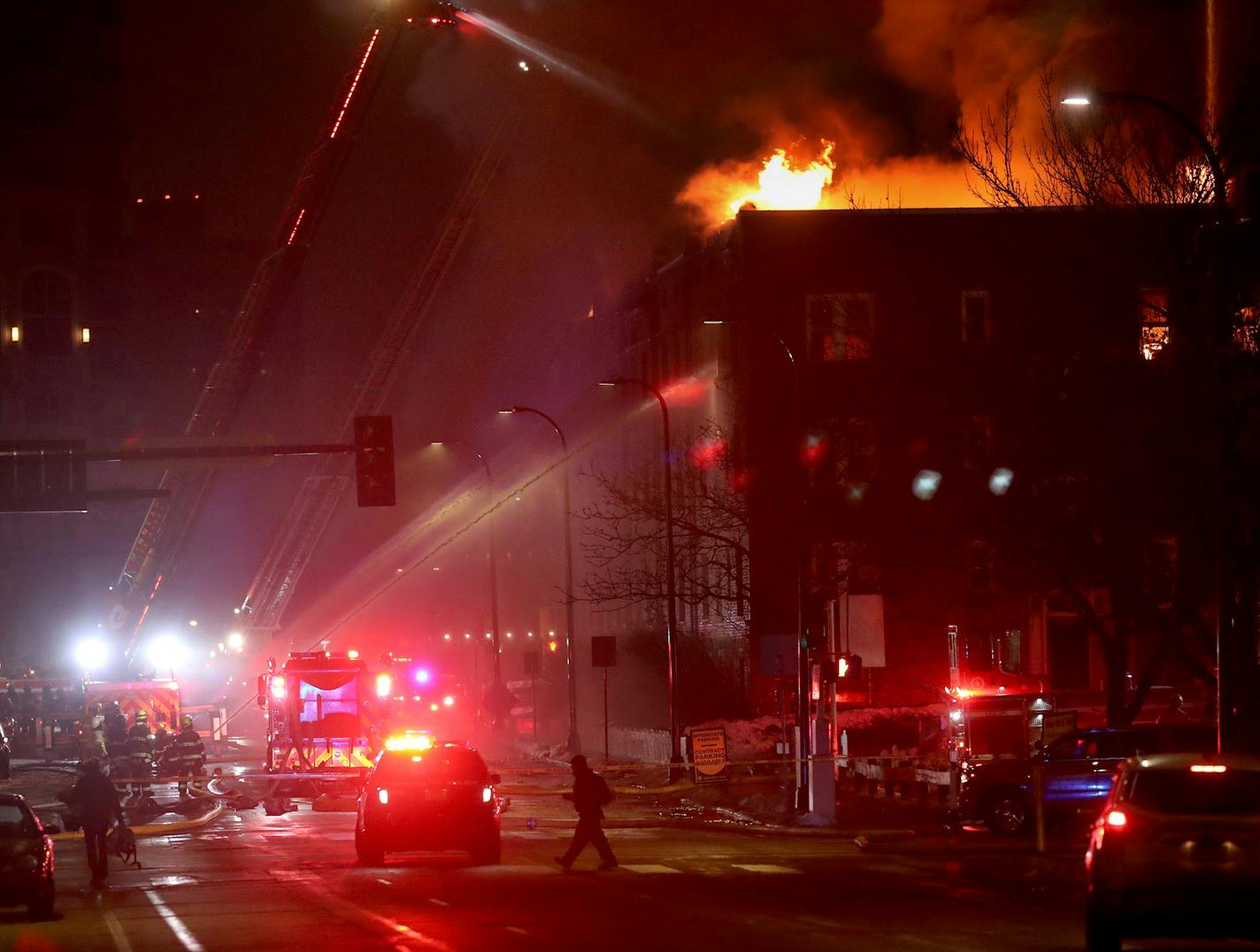 Firefighters continued to work early Wednesday to put out a fire at the Francis Drake Hotel apartments in downtown Minneapolis. A call came in around 3 a.m. with the building near 10th Street and 5th Avenue S. engulfed