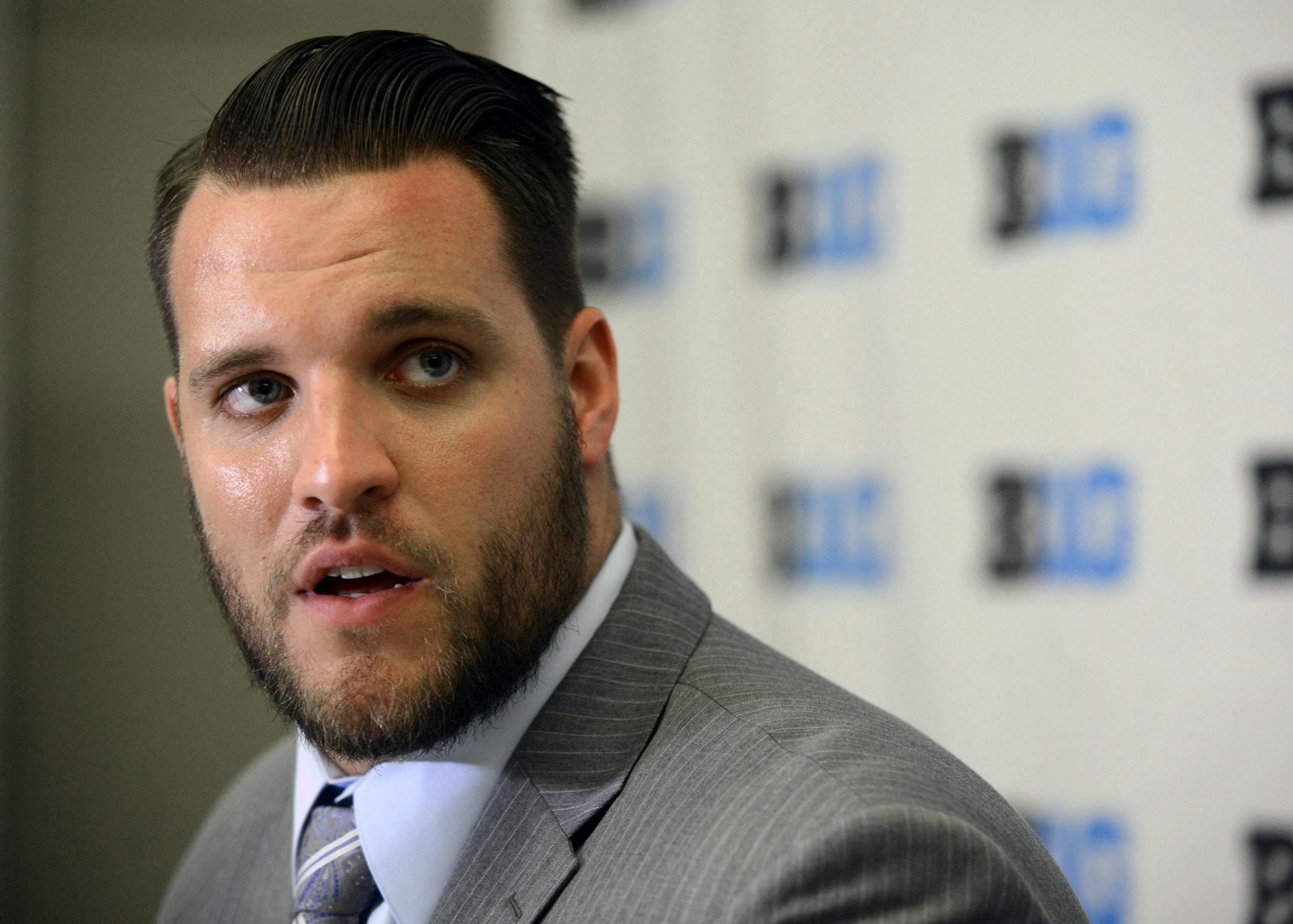 Ohio State offensive tackle Taylor Decker speaks during the Big Ten Football Media Day, Thursday, July 30, 2015, in Chicago. (AP Photo/Paul Beaty)