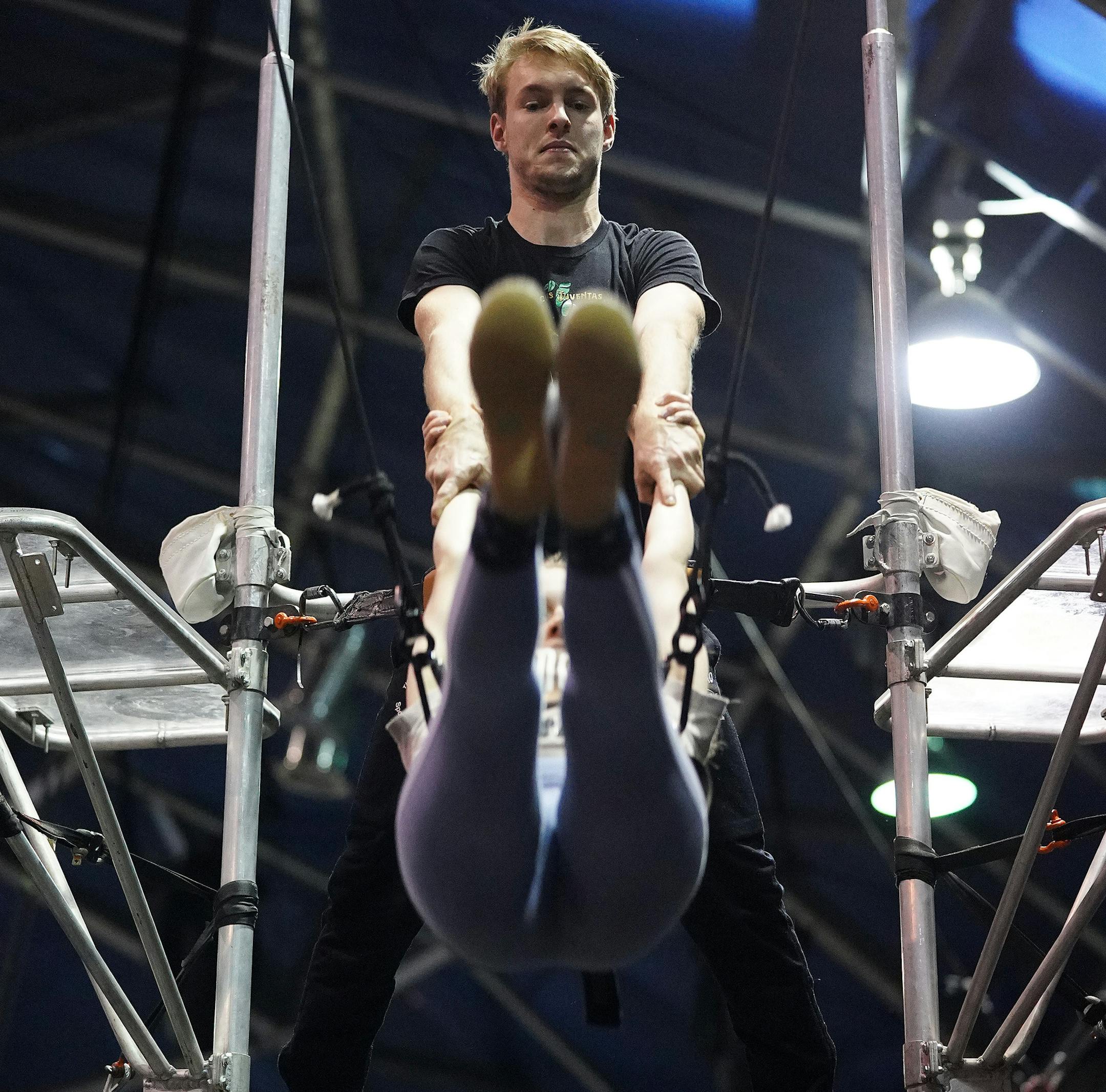 Johannes Mach of Germany held on to Wiebke Rosin as they practiced on the Russian Cradle Friday afternoon in St. Paul. ] ANTHONY SOUFFLE • anthony.souffle@startribune.com Students from Germany practiced along with Circus Juventas students at the performing arts circus school as part of a two week long exchange program Friday, Feb. 28, 2020 in St. Paul, Minn.