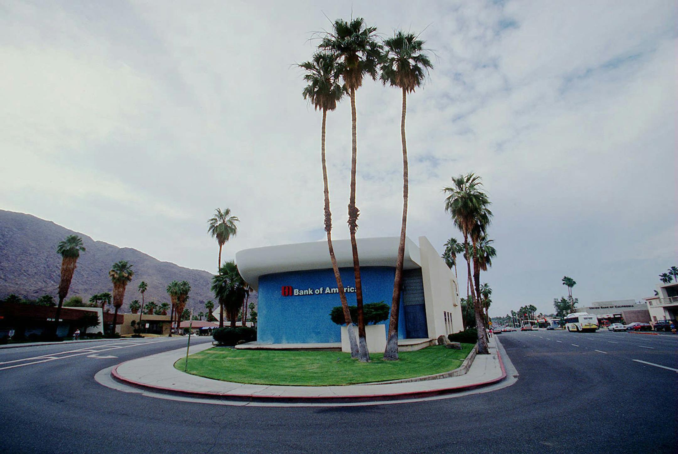 The Bank of America in downtown Palm Springs, CA., is an architectural fixture in this desert resort town. Palm Springs has become a kind of national petting zoo for "atomic modern" architecture, the wild and optimistic style born at the dawn of the space age nearly 40 years ago.