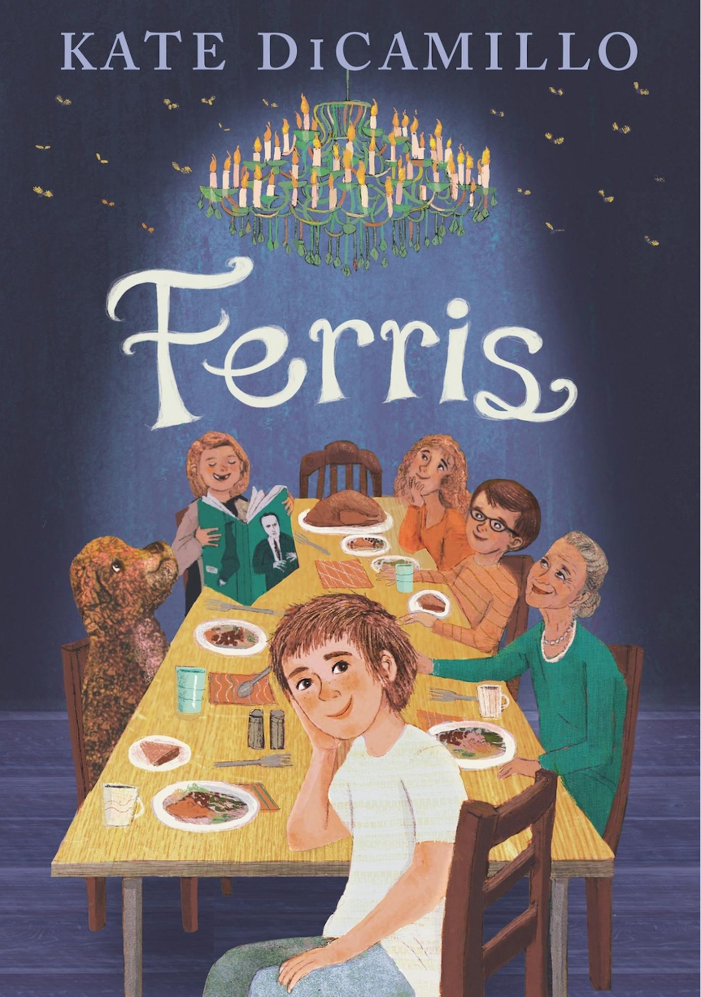 cover of book "Ferris," a drawing of five people and a dog seated for dinner.