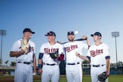 From left, Minnesota Twins players Addison Reed, Logan Morrison, Lance Lynn and Jake Odorizzi pose for a portrait together on Sunday morning, March 18