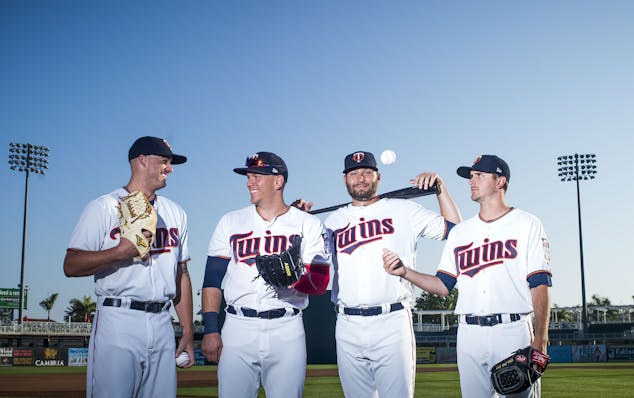From left, Minnesota Twins players Addison Reed, Logan Morrison, Lance Lynn and Jake Odorizzi pose for a portrait together on Sunday morning, March 18