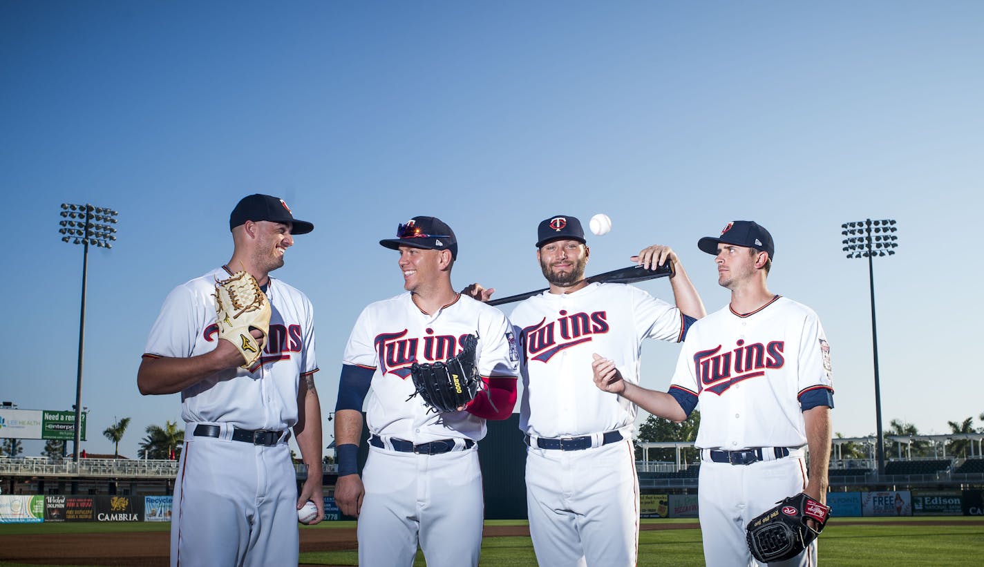 From left, Minnesota Twins players Addison Reed, Logan Morrison, Lance Lynn and Jake Odorizzi pose for a portrait together on Sunday morning, March 18, 2018 in Hammond Stadium at CenturyLink Sports Complex in Fort Myers, Florida.