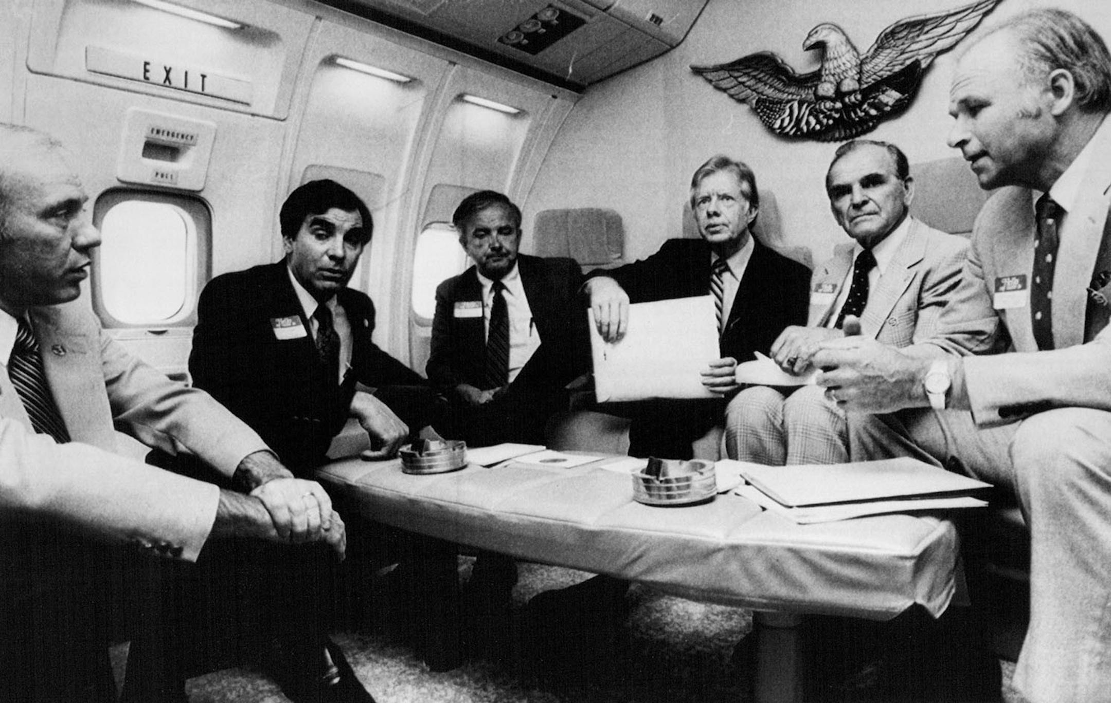 August 17, 1979 Grain Meeting -- President Carter discussed the Duluth-Superior grain strike aboard Air Force One Friday night with, from left, Reps. James Oberstar and Bruce Vento, Minn Atty. Gen. Warren Spannaus, Carter, North Dakota Gov. Arthur Link and Minn Gov. Al Quie. August 28, 1979 AP Laserphoto