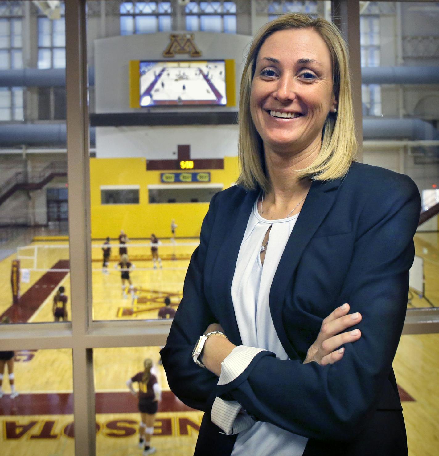 In this Monday, Aug. 10, 2015, photo, University of Minnesota interim athletic director Beth Goetz poses for a photo at the Sports Pavillion in Minneapolis.