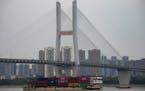 A container ship past under the Second Wuhan Yangtze River Bridge on the Yangtze River in Wuhan in central China's Hubei province.
