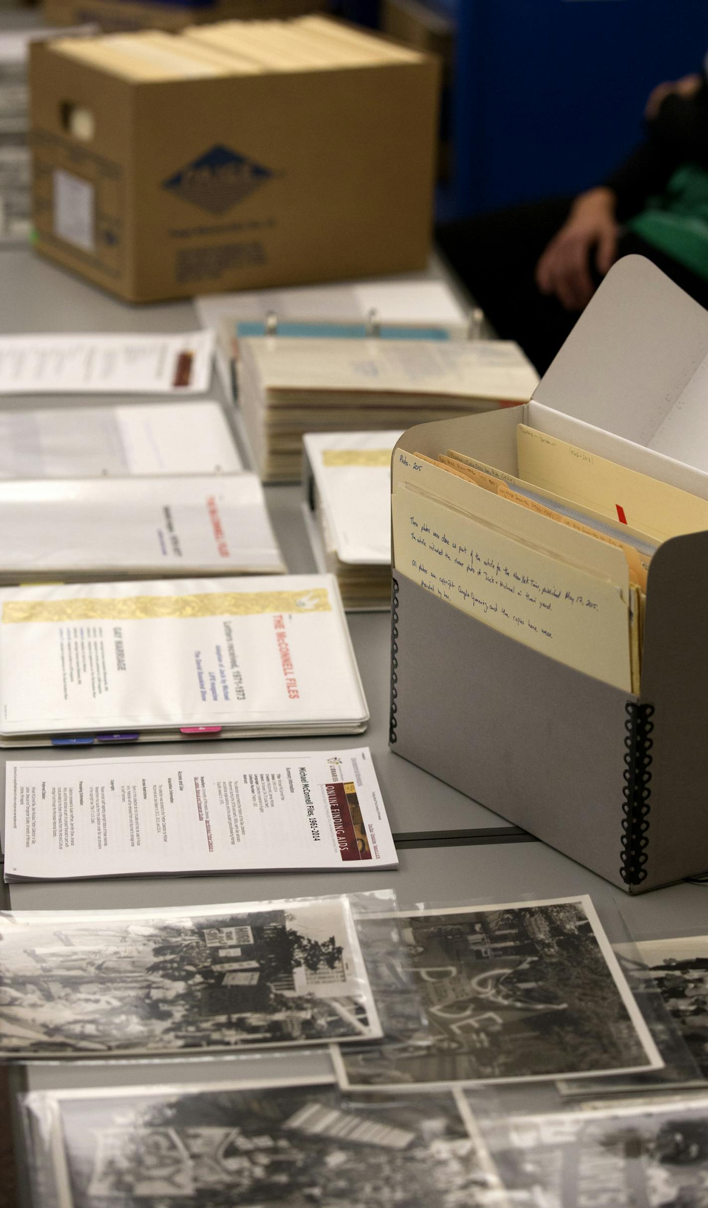 Decades ago, the University of Minnesota withdrew its job offer to Michael McConnell after he and Jack Baker became the first gay couple to apply for a marriage license in Minneapolis. On Monday the U of M celebrated the couple's donation of McConnell's historic files to the university. Here, some of the files were on display Monday at the reception. ] Brian.Peterson@startribune.com Minneapolis, MN - 10/26/2015