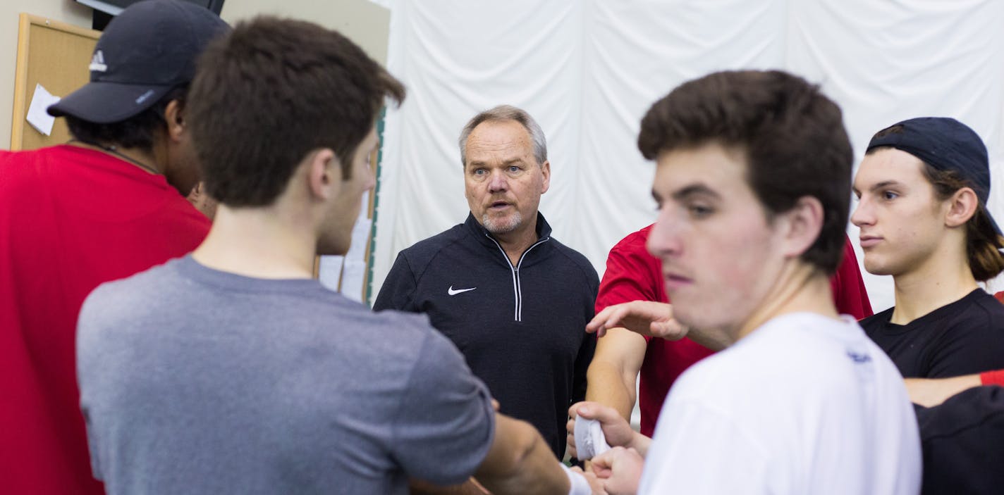 Jerry Anderson, Men's and Women's Tennis Head Coach, gives announcements to the Men's team after practice March 30, 2016.] Elizabeth Brumley special to the Star Tribune * Anderson played on the Men's team during his undergrad at Saint Cloud State and is finishing his 11th season as Head Coach. He shook his head in disbelief stating "it's just so wrong to cut this program." St. Cloud State has decided to drop a number of sports programs including Tennis. The men's tennis team practice at Fitness