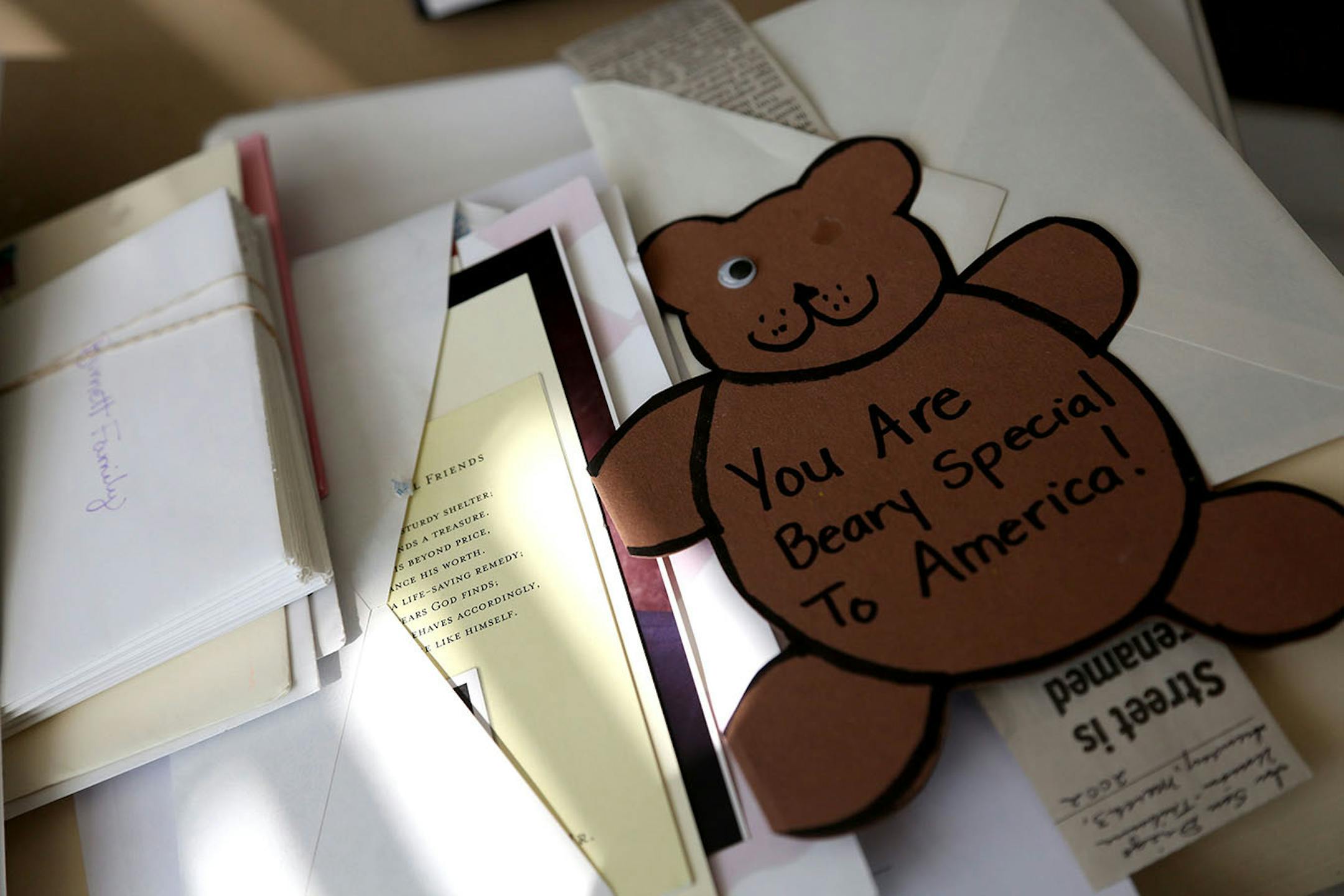 Cards that the Burnett family had received in memory of their son, Tom Burnett Jr.