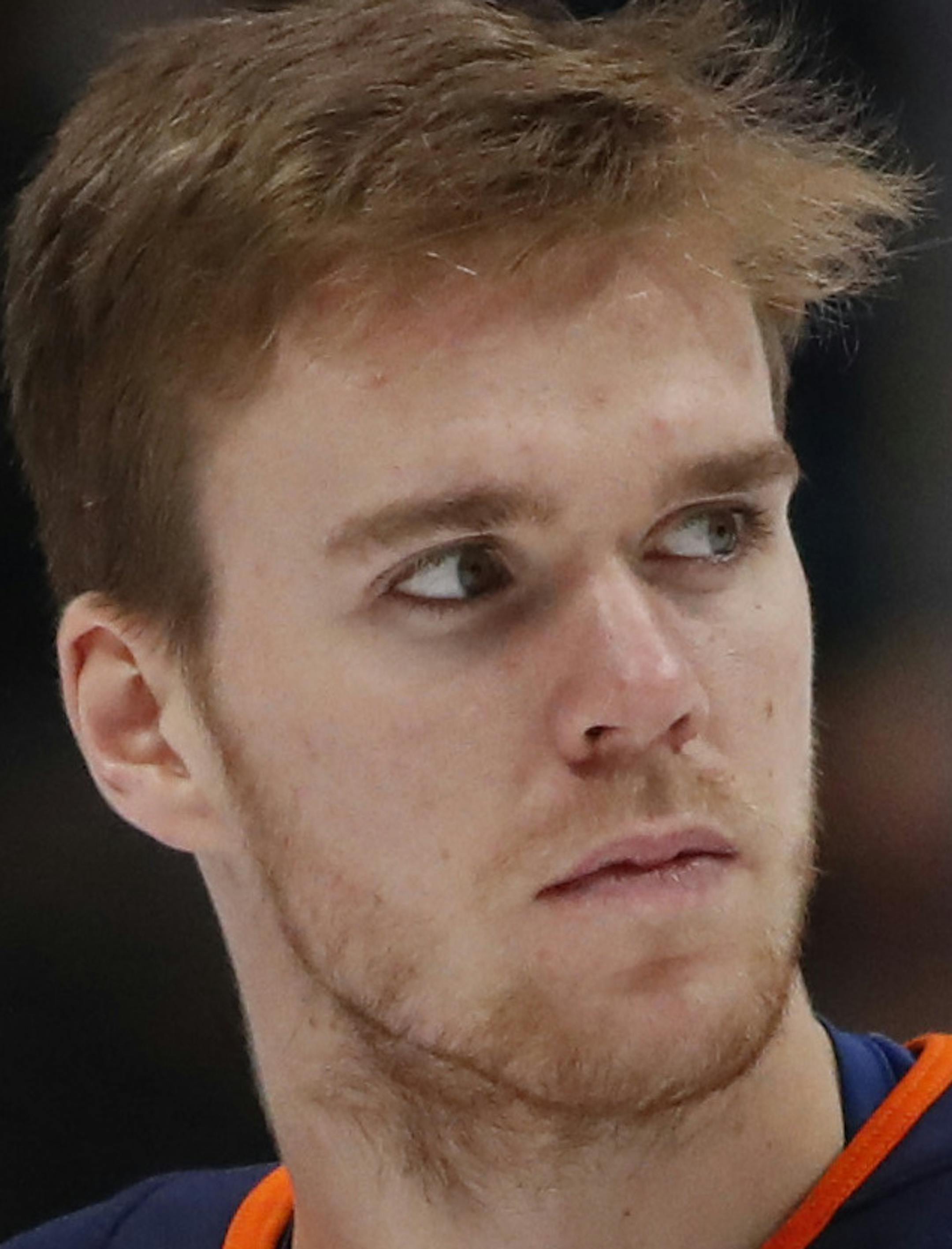 Edmonton Oilers center Connor McDavid (97) in the first period of an NHL hockey game Sunday, Feb. 18, 2018, in Denver. (AP Photo/David Zalubowski)