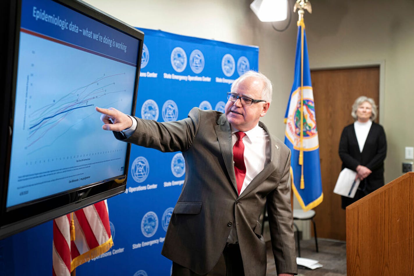 Minnesota Gov. Tim Walz provides an update on the state's next steps to respond to COVID-19 during a news conference on Wednesday, April 8, 2020 in St. Paul, Minn. Walz is extending Minnesota's stay-at-home order until May 4 as the number of COVID-19 deaths in the state continues to rise. The original order was scheduled to end Friday. Walz said Wednesday that the order has bought Minnesota needed time to slow the spread of the coronavirus but must continue. (Glen Stubbe/Star Tribune via AP, Pool)