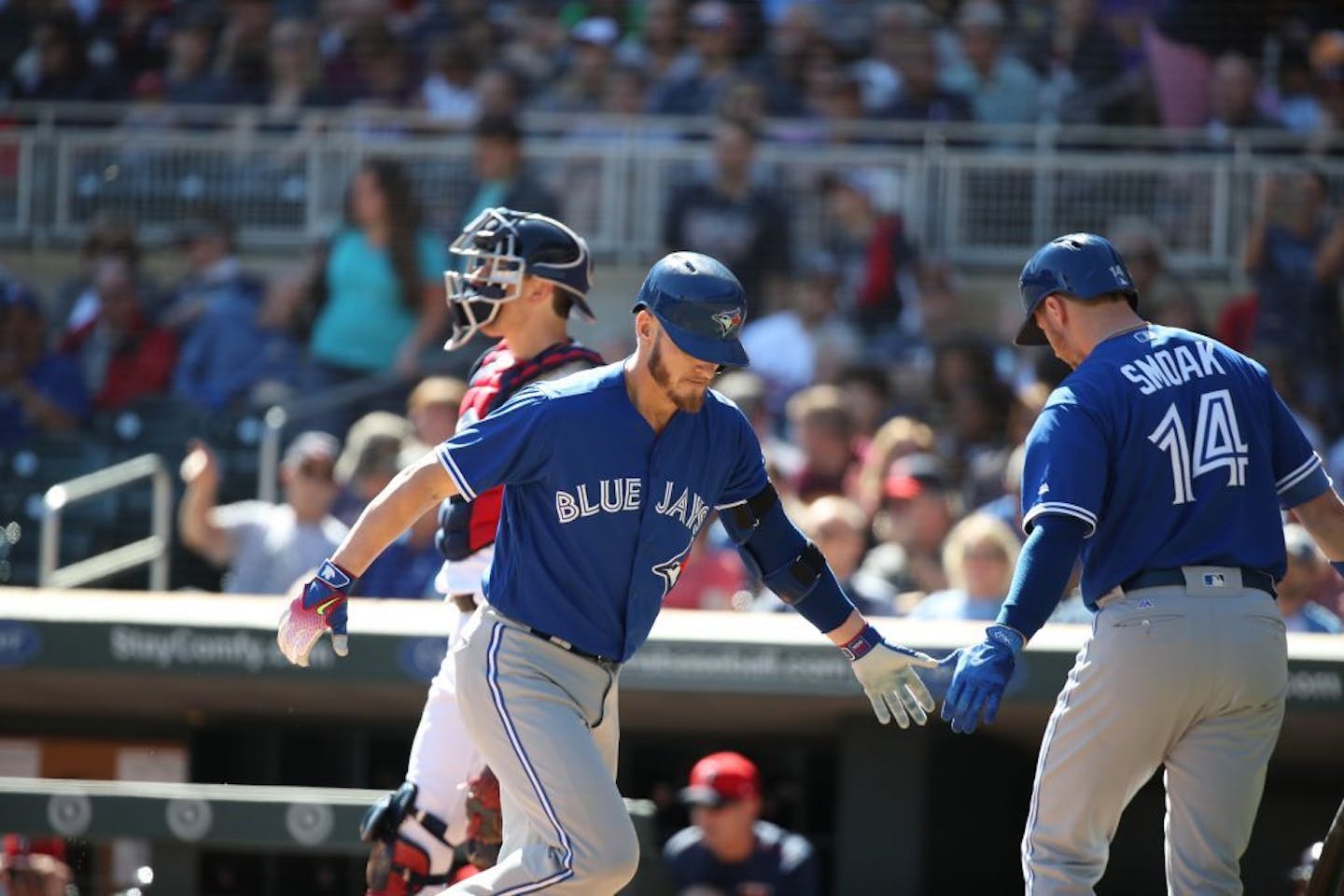 Josh Donaldson, then with Toronto, celebrated a home run against the Twins at Target Field in 2017.