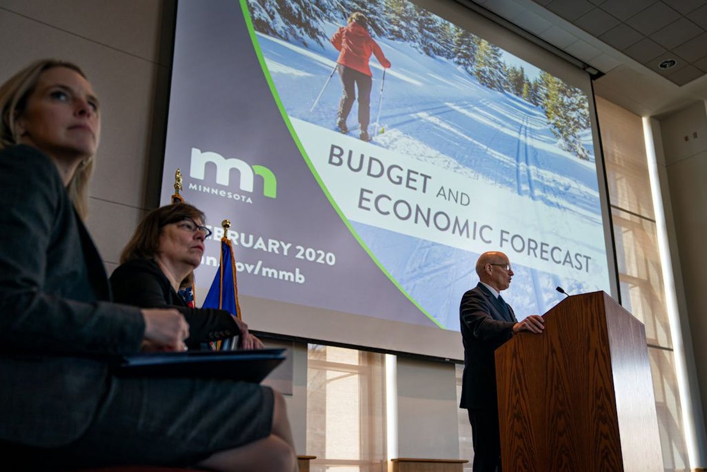 Budget officials Budget Director Britta Reitan, State Economist Dr. Laura Kalambokidis and MMB Commissioner Myron Frans began the economic forecast presentation.