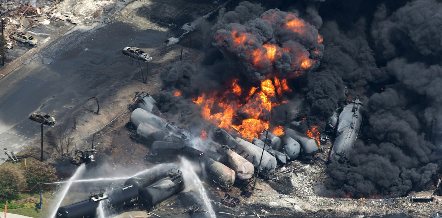 FOR USE AS DESIRED, YEAR END PHOTOS - FILE - Smoke rises from railway cars that were carrying crude oil after derailing in downtown Lac Megantic, Quebec, Canada, Saturday, July 6, 2013. A large swath of Lac Megantic was destroyed Saturday after a train carrying crude oil derailed, sparking several explosions and forcing the evacuation of up to 1,000 people. (AP Photo/The Canadian Press, Paul Chiasson, File) ORG XMIT: MIN2014010715370892 ORG XMIT: MIN1401071542522649